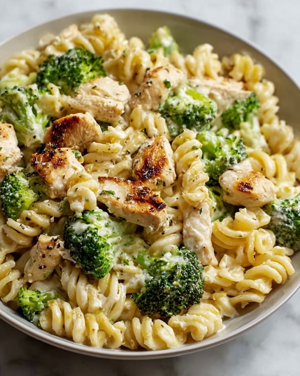 The image shows a large white bowl filled with creamy rotini pasta mixed with bright green broccoli florets and pieces of grilled chicken. The pasta is a light golden color with a smooth, slightly shiny texture from the creamy sauce. The broccoli adds a vibrant green contrast, and the grilled chicken pieces are golden-brown with slight char marks, scattered evenly across the dish. The bowl sits on a white marbled surface, giving a clean and bright look to the whole scene. photo taken with an iphone --ar 4:5 --v 7
