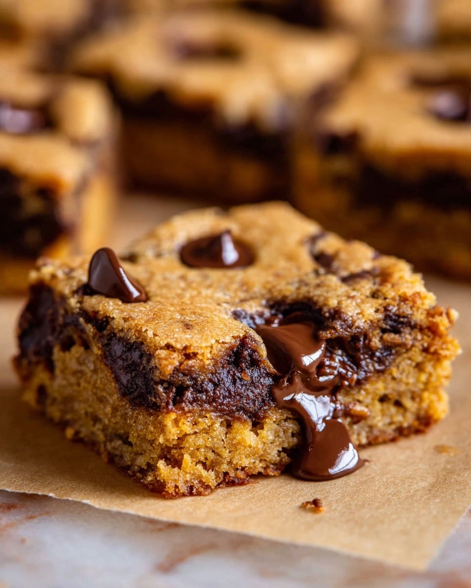 A close-up view of a square piece of blondie with visible layers showing a golden-brown, soft and crumbly texture mixed with dark brown melted chocolate chips throughout the top and middle layers, with one large, shiny, gooey chocolate chip melting and oozing at the center near the bottom. The blondie sits on a light brown parchment paper atop a white marbled surface, with blurred pieces of similar blondies in the background. Photo taken with an iphone --ar 4:5 --v 7