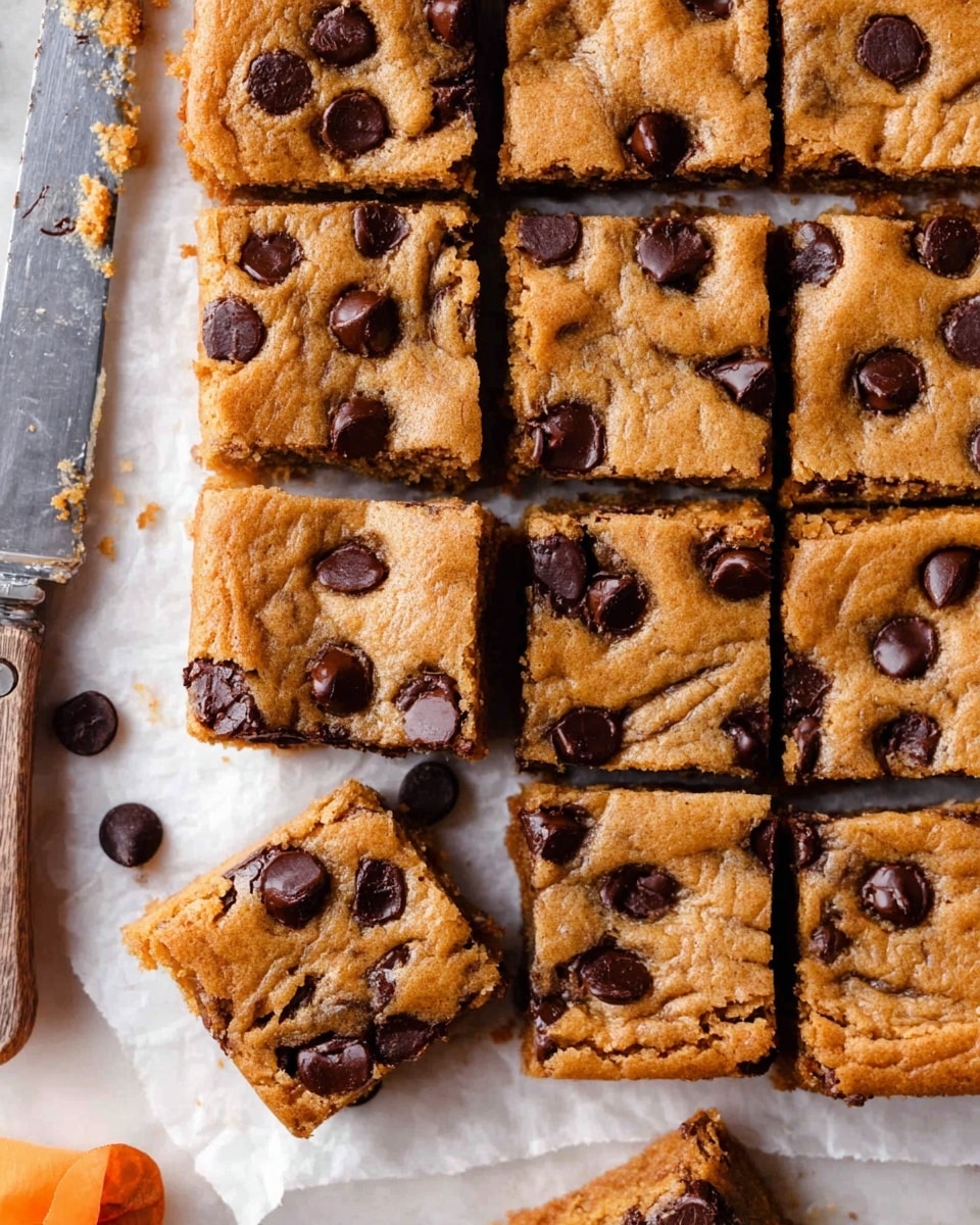 A close-up top view of square-cut chocolate chip cookie bars arranged in a grid pattern on white parchment paper over a white marbled surface; each bar is golden brown with a soft, slightly crinkled texture, studded with dark brown, glossy chocolate chips scattered unevenly on the surface and visible inside the edges; on the left side, a knife with cookie crumbs rests parallel to the bars, with a few loose chocolate chips nearby and a piece of the bottom left bar slightly broken off showing a soft interior; the overall look is warm and inviting with a homemade feel. photo taken with an iphone --ar 4:5 --v 7