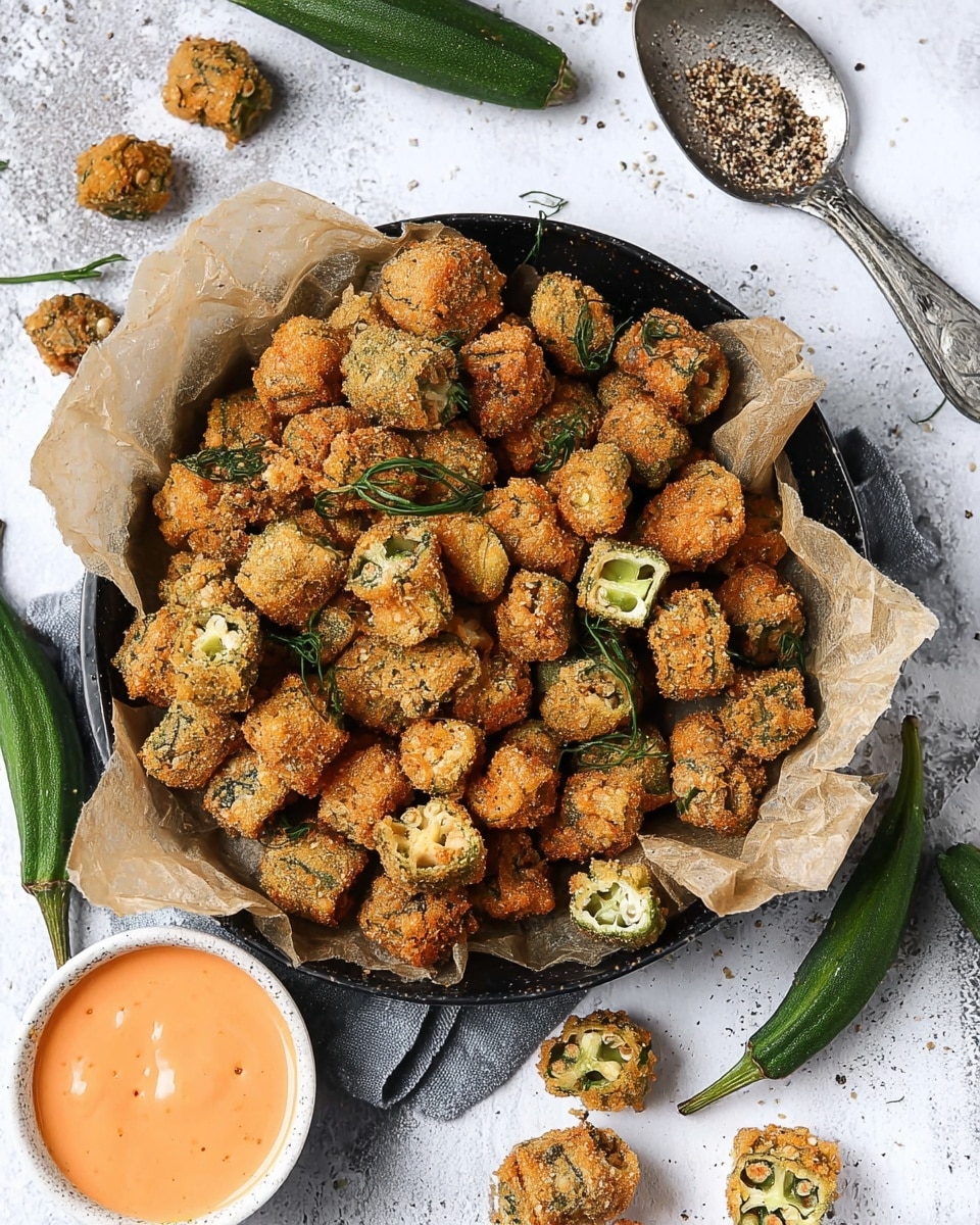 A black round pan lined with crumpled parchment paper holds many small, golden brown fried okra pieces with a crispy, grainy texture and some green inside visible. There are whole green okra pods placed around the edges of the pan and some cut okra scattered on a white marbled texture surface. Near the top right, a silver spoon rests with crushed black pepper on it and more fried okra pieces around it. At the bottom left, a small white bowl contains a smooth orange dipping sauce. photo taken with an iphone --ar 4:5 --v 7