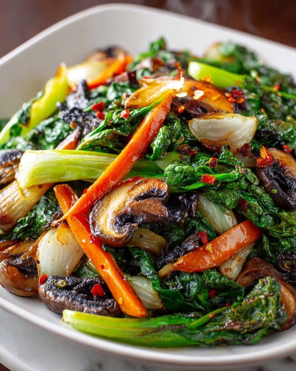 A close-up of a white square plate filled with a colorful mix of cooked vegetables. The first layer consists of bright green wilted leafy greens with a slight shine. On top, there are charred mushrooms showing a mix of brown and black colors, adding texture. Orange carrot slices cut into sticks lay scattered, some slightly caramelized. Pieces of roasted white onions with browned edges are mixed throughout, creating contrast with the vegetables. The dish looks hot with visible steam rising, and small red chili flakes are sprinkled throughout for a pop of color. The plate sits on a white marbled surface. photo taken with an iphone --ar 4:5 --v 7