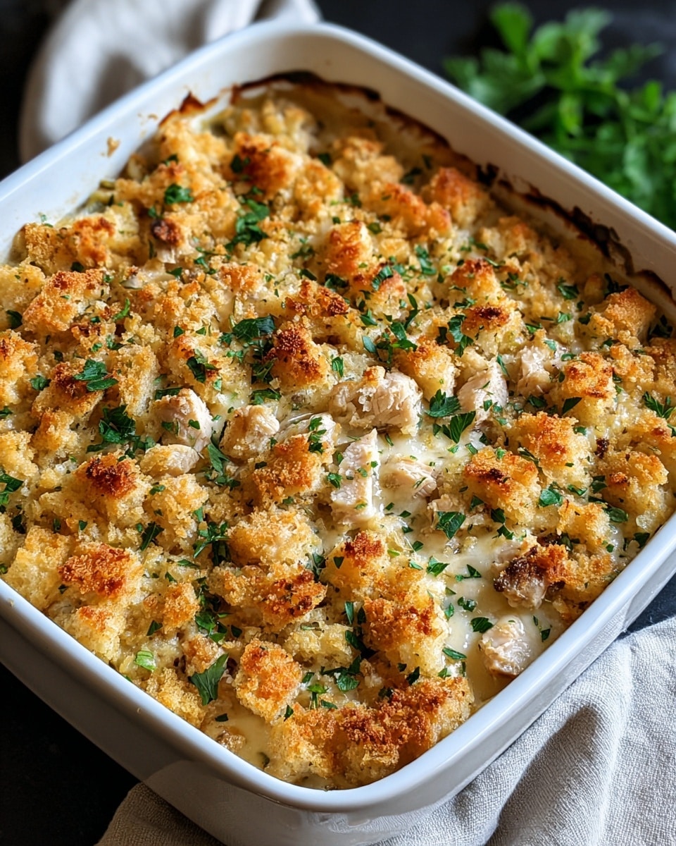 A baked dish in a white ceramic baking pan filled with a mixture of golden brown crispy bread pieces and tender cooked chicken chunks scattered on top, garnished with chopped fresh green herbs. The surface of the dish shows a slightly browned, crunchy texture with creamy melted cheese mixed in, giving it a warm, inviting look. The baking pan is placed on a white marbled textured cloth, emphasizing the colors of the dish. Photo taken with an iphone --ar 4:5 --v 7