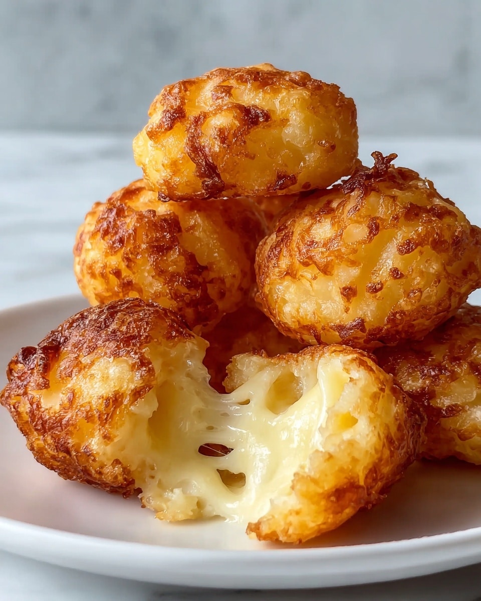 The image shows a close-up of five golden-brown fried cheese balls on a white plate, placed on a white marbled surface. The cheese balls have a crispy, uneven outer layer that is browned in spots, showing a crunchy texture. One cheese ball is broken open in the front, revealing stretchy melted white cheese inside. The rest of the balls are whole, stacked slightly on each other, and have a rough, bubbly surface. The light hits the cheese balls softly, highlighting their shiny, oily fried crust. photo taken with an iphone --ar 4:5 --v 7