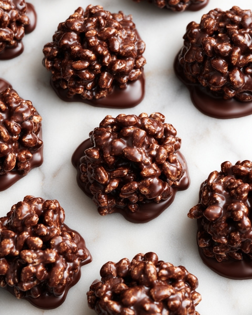 The image shows many small, round clusters made of dark chocolate with crispy rice pieces mixed throughout, creating a bumpy texture on the surface. Each cluster is a single layer where the shiny, smooth dark chocolate coats the crunchy rice bits, giving a mix of deep brown and lighter brown colors from the rice. The clusters are placed directly on a white marbled textured surface, with slight melting chocolate spreading slightly under each cluster. The clusters are closely arranged, filling the frame. Photo taken with an iphone --ar 4:5 --v 7