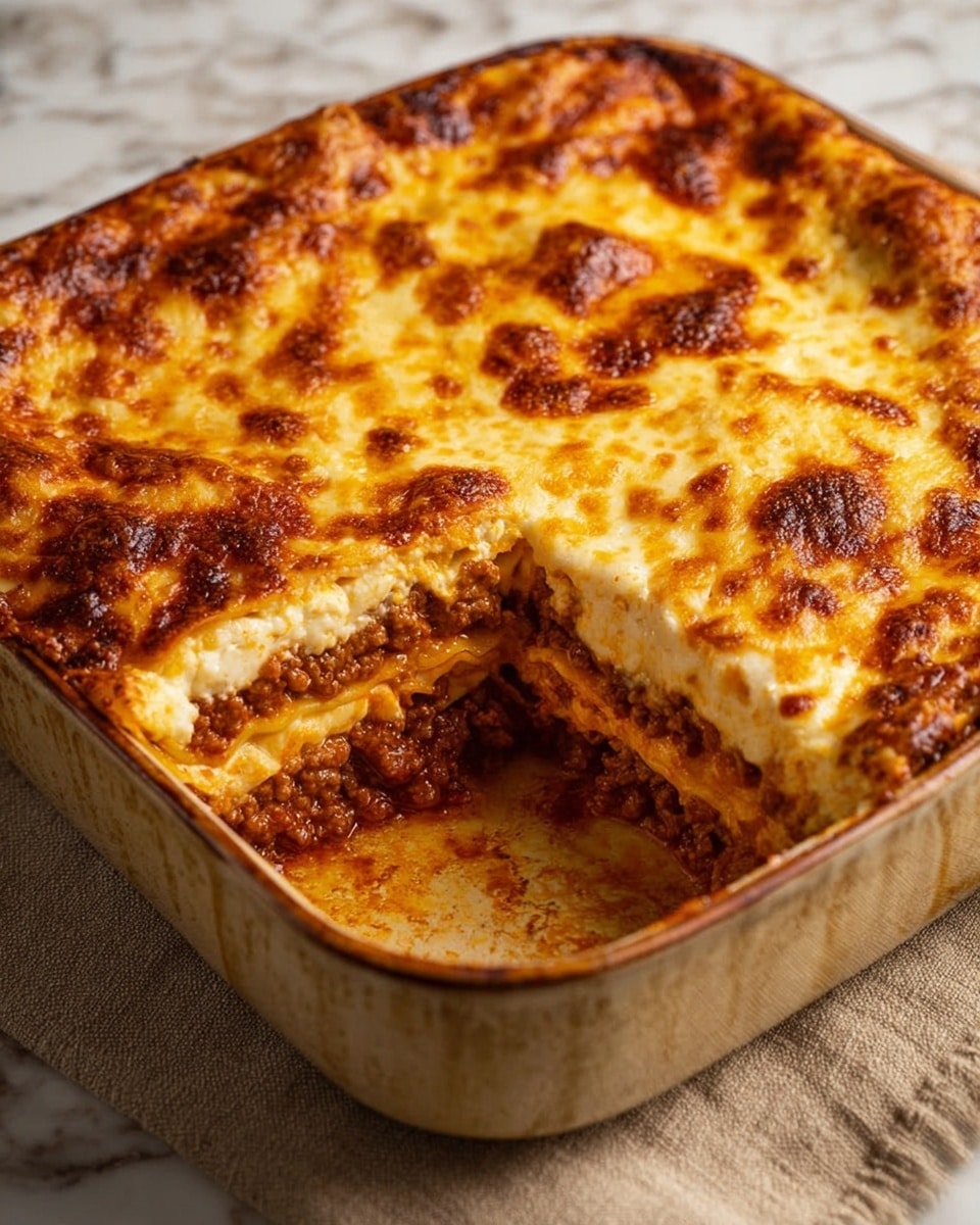 The image shows a rectangular ceramic baking dish filled with a three-layer lasagna. The top layer is golden brown and bubbly melted cheese with some darker browned spots. Below the cheese, there are two visible layers of thick, rich meat sauce mixed with bits of ground meat, alternating with two creamy, pale yellow cheese layers. A wedge has been cut out, showing the lasagna’s thick, soft, and saucy texture inside. The dish sits on a beige cloth over a white marbled surface. Photo taken with an iphone --ar 4:5 --v 7