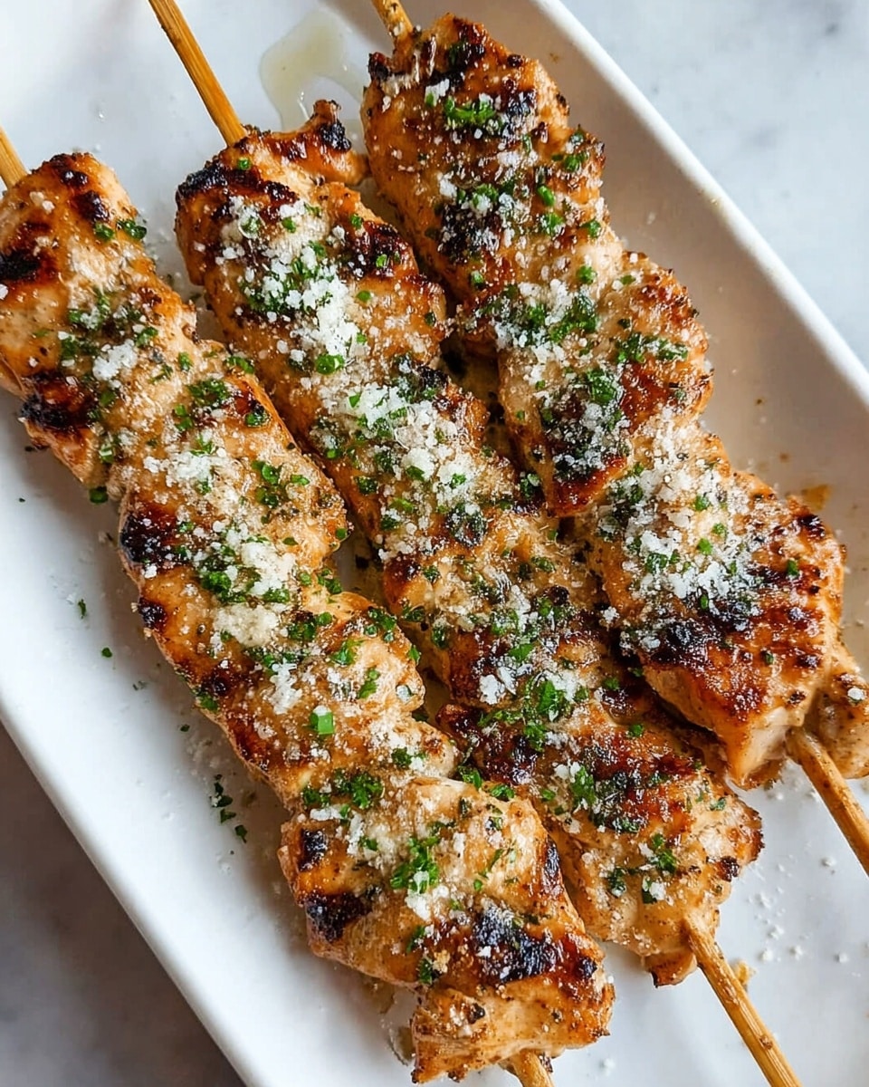 Three grilled chicken skewers are placed side by side on a long white plate. Each skewer has about six pieces of golden-brown chicken with grill marks, sprinkled with finely chopped green herbs and a dusting of white grated cheese on top. The chicken looks juicy with slightly crispy edges. The plate rests on a white marbled surface. Photo taken with an iphone --ar 4:5 --v 7