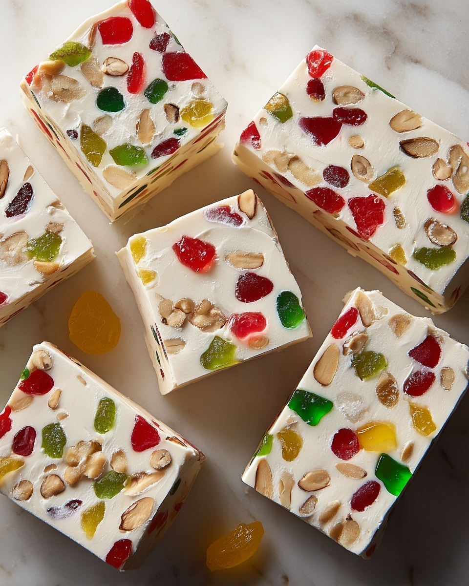 The image shows several pieces of white nougat candy cut into thick rectangular blocks, scattered on a white marbled surface. Each piece has a smooth, creamy white base filled with colorful chunks of translucent red, green, and yellow candied fruit along with whole nuts embedded evenly throughout. The candy pieces have clean, sharp edges, and their shiny fruit bits contrast brightly against the matte white nougat. One small piece of yellow candied fruit lies separately near the nougat pieces. Photo taken with an iphone --ar 4:5 --v 7