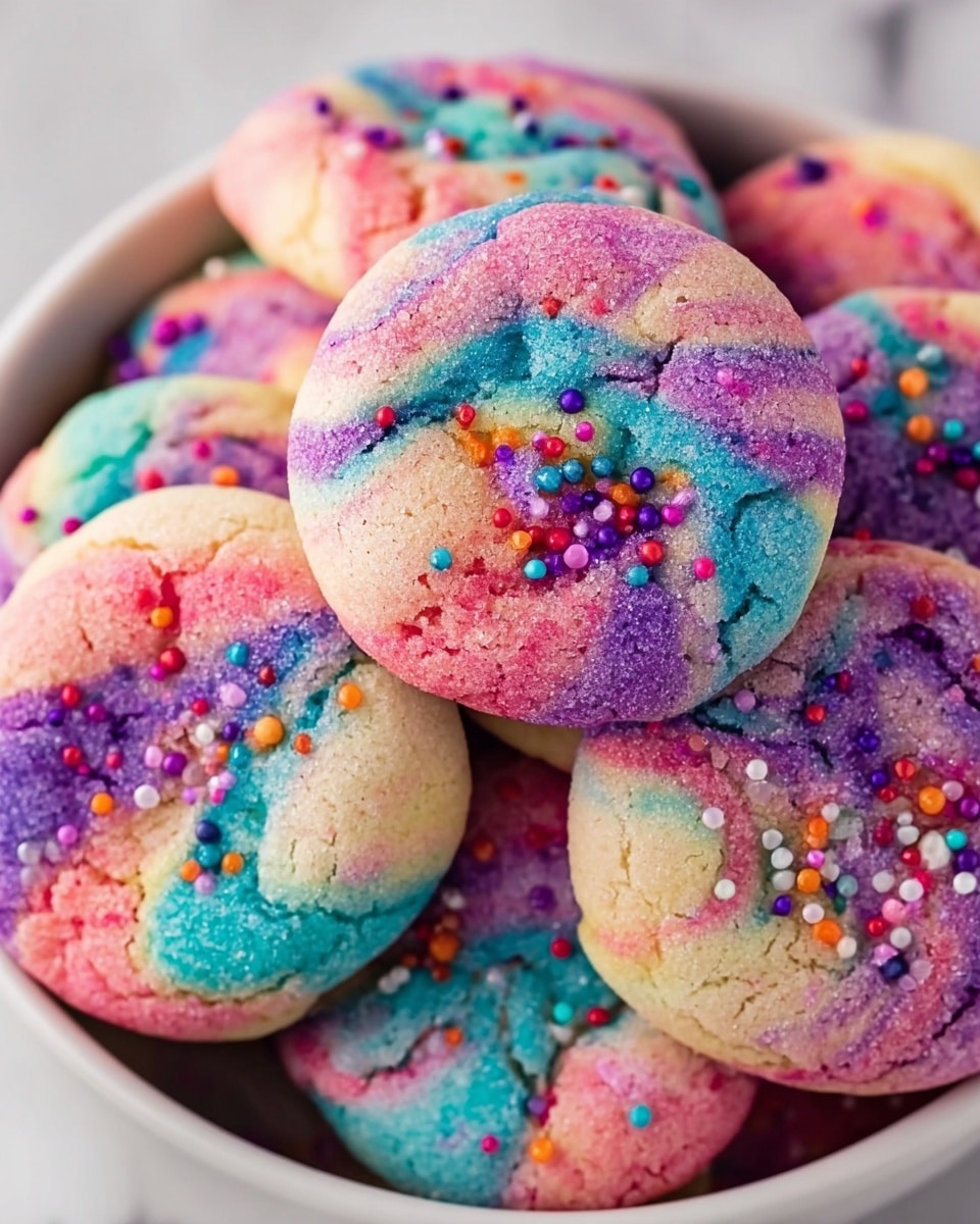 A close-up view of soft, round cookies with a swirled mix of pastel colors including pink, blue, purple, yellow, and white, giving a tie-dye effect across their textured surfaces. Each cookie is sprinkled with tiny, round multicolored candy bits scattered unevenly on top, adding small pops of bright red, orange, purple, and white. The cookies are stacked closely together in a white bowl, with slight cracks and a soft baked look visible on their tops. The background area around the bowl is a smooth white marbled texture. photo taken with an iphone --ar 4:5 --v 7