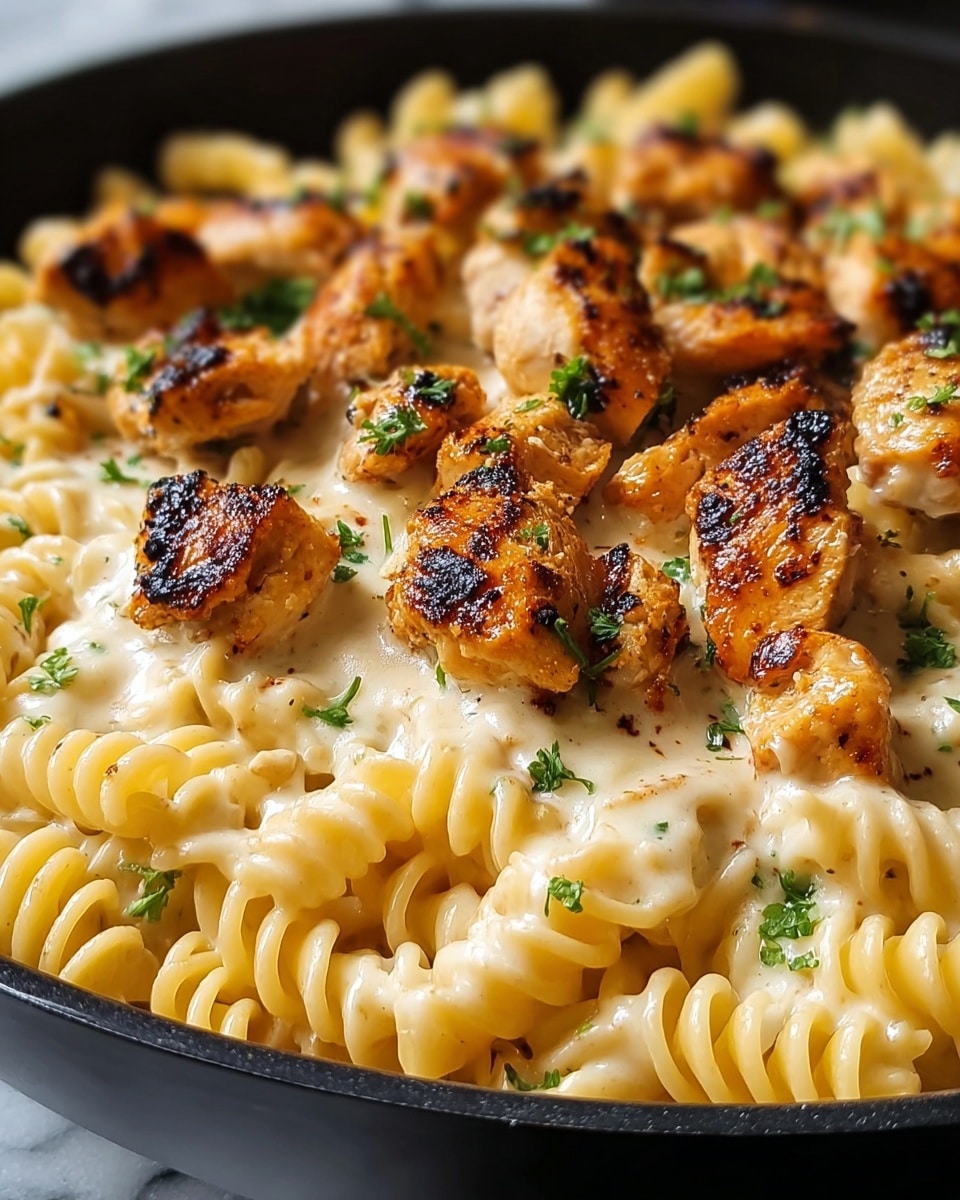 A close-up view of creamy pasta with grilled chicken pieces layered on top; the pasta is spiral-shaped and covered in a light beige, smooth cheese sauce that fills the spaces between the spirals; the chicken pieces are golden brown with char marks, scattered evenly across the pasta, and there are small green herb pieces sprinkled throughout as garnish; all of this is served in a white bowl sitting on a white marbled surface. photo taken with an iphone --ar 4:5 --v 7