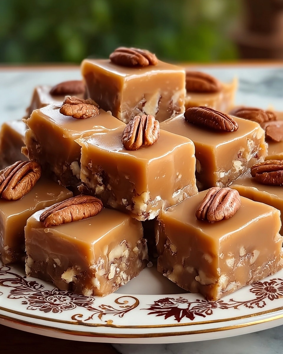 The image shows a group of small square fudge pieces arranged neatly on a white plate with brown floral patterns. Each fudge piece has a smooth, shiny light brown caramel layer on top with visible small nut pieces embedded within. A single whole pecan is placed on the center of each square, adding texture and color contrast. The fudge squares have a dense, slightly crumbly base, and the caramel layer drapes slightly over the edges, creating soft rounded corners. The plate sits on a white marbled surface with a blurred green background. photo taken with an iphone --ar 4:5 --v 7
