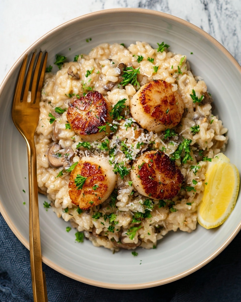 A white round plate holds a creamy mushroom risotto layer with visible small mushroom pieces and a soft, textured beige color. On top, there are four golden-brown seared scallops arranged in a loose square shape, each scallop slightly crispy on the outside. Bright green parsley is sprinkled over both the risotto and scallops for a fresh look. A pale yellow lemon wedge sits by the edge of the plate. A shiny gold fork rests on the left side of the plate, all set on a white marbled texture surface. photo taken with an iphone --ar 4:5 --v 7