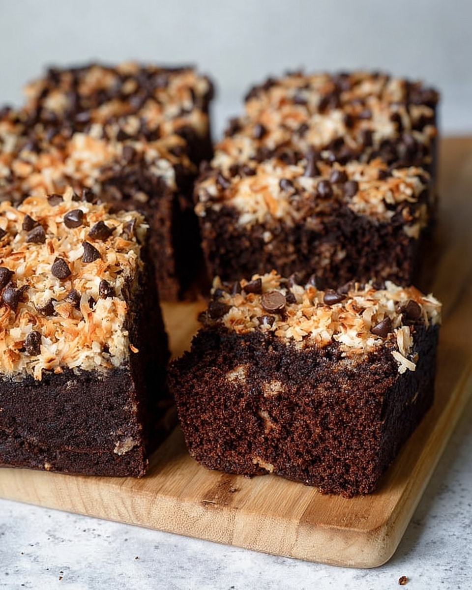 The image shows several pieces of dark chocolate cake placed on a light wooden board set on a white marbled texture surface. The cake has a rich, moist-looking dark brown base layer with a dense texture. On top, there is a thicker layer covered with toasted coconut flakes mixed with small chocolate chips, creating a crunchy topping in lighter beige and dark brown colors. Some slices are cut and laid flat, showing the moist inner texture, while others stand upright with the textured topping clearly visible. Photo taken with an iphone --ar 4:5 --v 7
