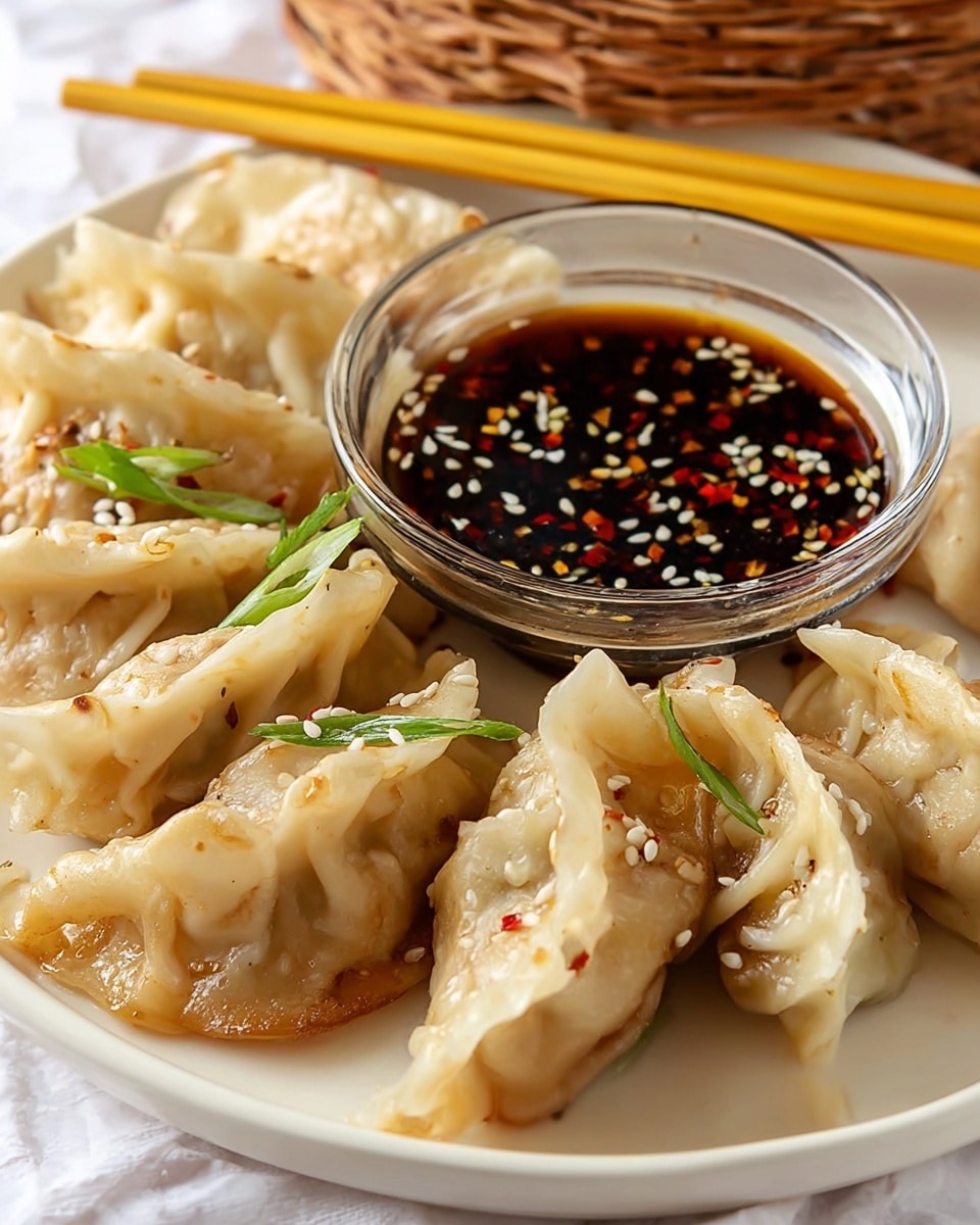 A white plate holds a pile of seven golden-brown dumplings with smooth, slightly glossy wrappers that wrinkly fold along the edges, sprinkled with white sesame seeds and small green onion pieces for garnish. Behind the dumplings sits a clear glass bowl filled with dark soy dipping sauce topped with white sesame seeds and red chili flakes. Yellow chopsticks rest on a wicker basket in the background, all placed on a white marbled surface. The scene shows close detail to the soft, cooked texture of the dumplings and the contrast of colors in the sauce. Photo taken with an iphone --ar 4:5 --v 7