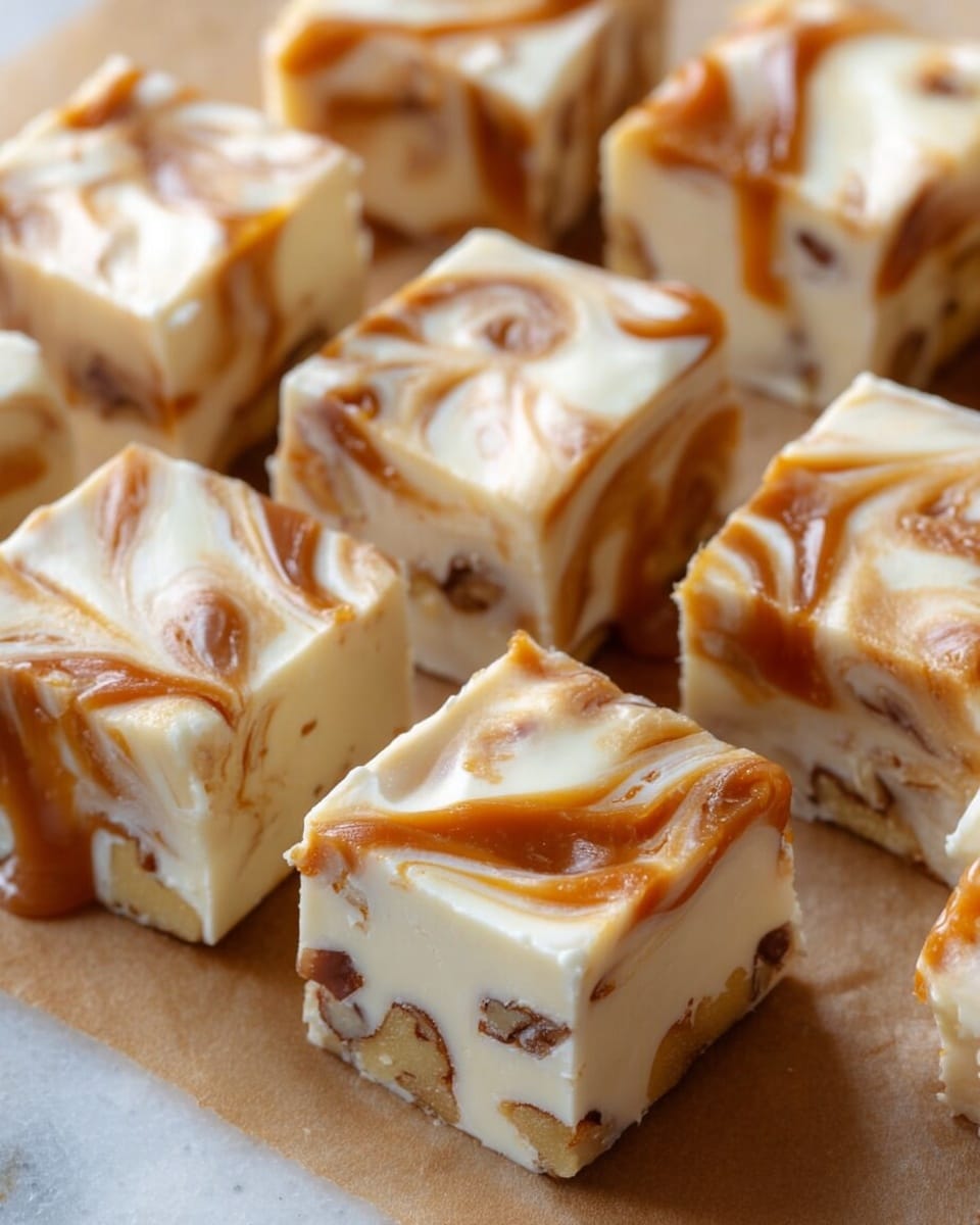 Small square pieces of creamy white fudge with light brown nut chunks inside are arranged closely on a light brown parchment paper over a white marbled surface. Each piece is topped with a shiny, swirled layer of smooth caramel sauce that looks thick and sticky. The fudge pieces have soft, slightly uneven edges, showing a handmade texture, and the caramel swirls create a marbled pattern on top. photo taken with an iphone --ar 4:5 --v 7