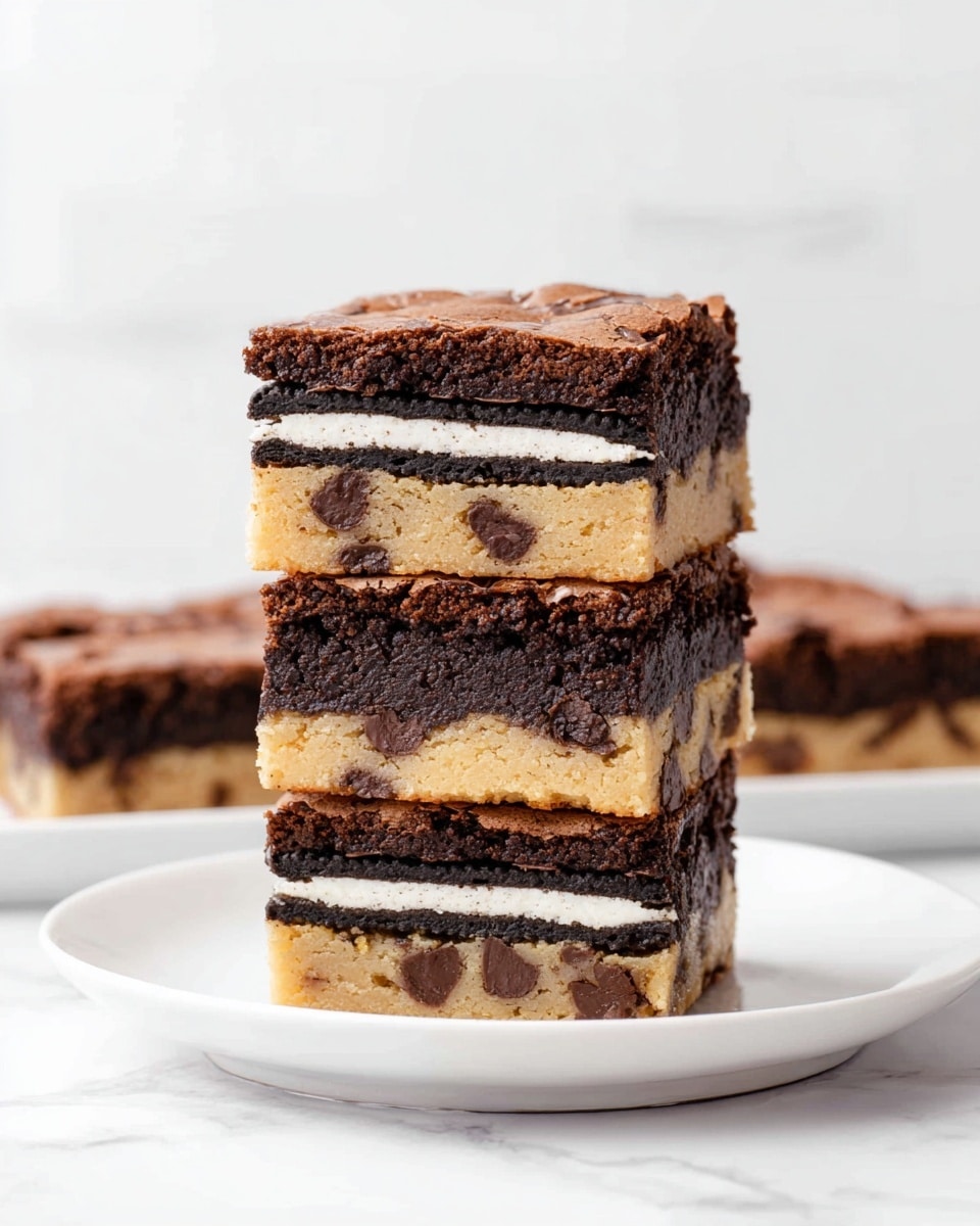 Three square dessert bars are stacked on a white plate, each with four layers. The bottom layer is light golden brown with a soft cookie dough texture and scattered chocolate chips. Above it is a thin layer of a dark chocolate sandwich cookie with a white cream filling. The third layer is dark brown and fudgy, with a dense brownie texture. The top layer is a lighter, cracked brownie crust in a rich chocolate brown color. The background is a white marbled texture. photo taken with an iphone --ar 4:5 --v 7