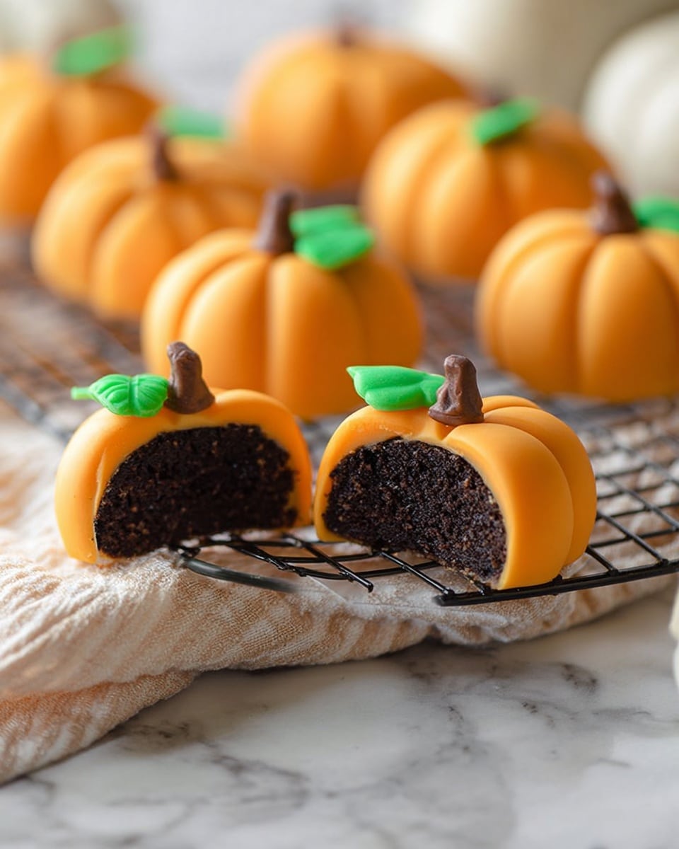 The image shows small pumpkin-shaped desserts on a cooling rack over a cloth on a white marbled surface. Each dessert has three layers: the inside is dark brown and looks soft and moist, the middle layer is a smooth orange coating shaped with six round curves to look like a pumpkin, and the top has a small brown stem and a bright green leaf made of icing. One pumpkin dessert is cut in half, showing the dark inside and orange outside layers clearly. The background is softly blurred with more pumpkin-shaped treats placed behind. Photo taken with an iphone --ar 4:5 --v 7