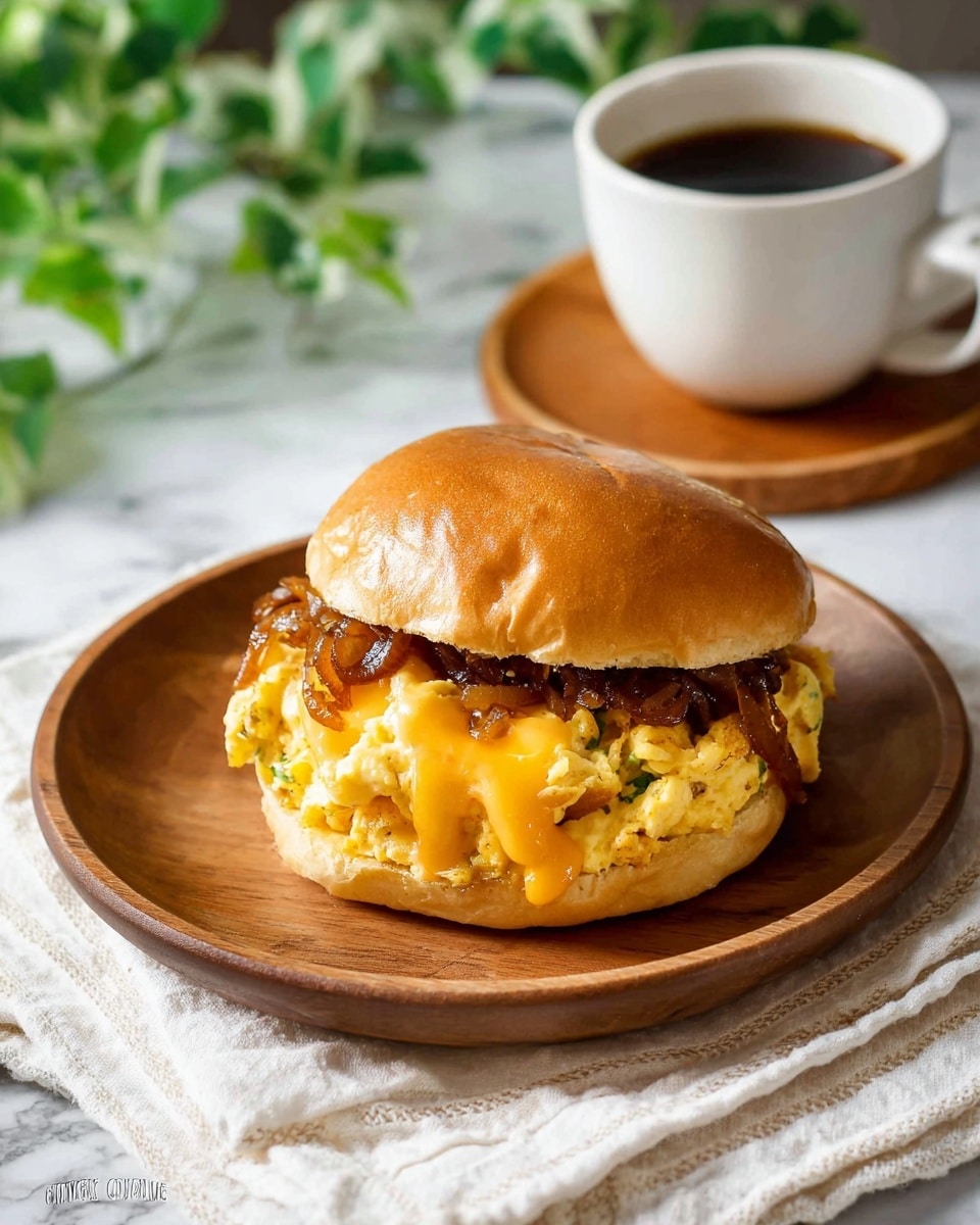 A sandwich is shown on a round white plate with a smooth wooden texture. The sandwich has three main layers: the bottom bun is a golden brown, soft-looking bread. On this sits a thick layer of fluffy, scrambled eggs, light yellow with some green herbs visible. On top of the eggs, there is a rich layer of melted cheddar cheese, bright orange and creamy, dripping slightly over the eggs. Above the cheese, a generous layer of caramelized onions adds a dark brown, glossy, and slightly stringy texture. The sandwich is capped with a shiny, golden brown bun top, slightly wrinkled and soft looking. The plate is placed on a white linen cloth with stitched edges, all set on a white marbled surface. In the background, a white coffee cup filled with dark coffee sits on a round wooden coaster, with green leaves softly blurred behind it. photo taken with an iphone --ar 4:5 --v 7