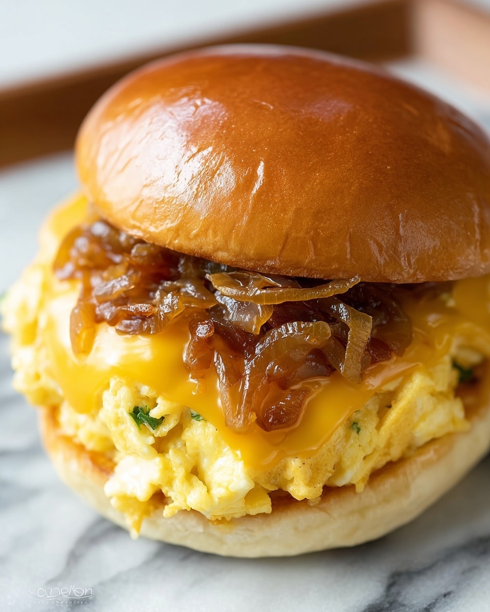 A close-up of a breakfast sandwich on a white bun with a shiny golden-brown top layer, melted bright yellow cheese as the second layer, soft scrambled eggs with a light yellow color as the third layer, and caramelized onions with a glossy dark brown and translucent texture on top of the eggs. The sandwich sits on a white marbled surface. Photo taken with an iphone --ar 4:5 --v 7