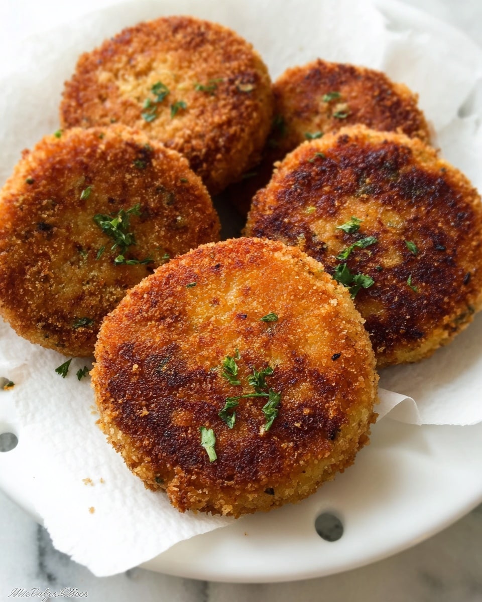 The image shows several round, golden-brown fried patties with a crispy breadcrumb coating. Each patty has a textured surface, with a mix of light and darker brown areas, indicating a crunchy outer layer. Small green herb pieces are sprinkled on top, adding contrast to the warm tones. The patties are placed on white parchment paper inside a white plate with a slightly perforated edge. The background is a white marbled texture. photo taken with an iphone --ar 4:5 --v 7