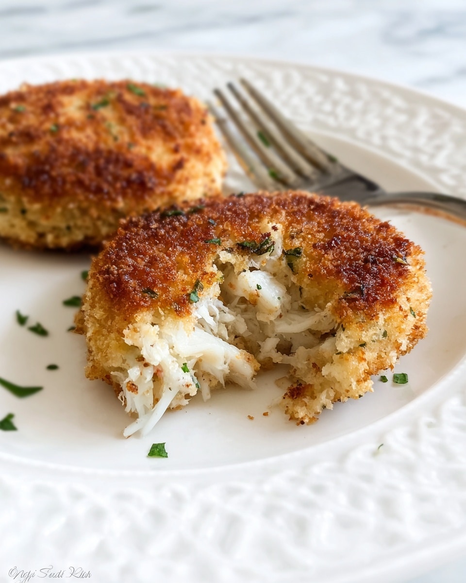 A close-up image of two crispy, golden brown crab cakes with a crunchy breaded outer layer and a soft, white flaky crab meat inside visible where one cake is bitten. Small green herb flecks are sprinkled on and around the cakes. The crab cakes are placed on a white plate with an elegant raised edge pattern, sitting on a white marbled surface. A silver fork is resting behind the crab cakes, partially visible. Photo taken with an iphone --ar 4:5 --v 7