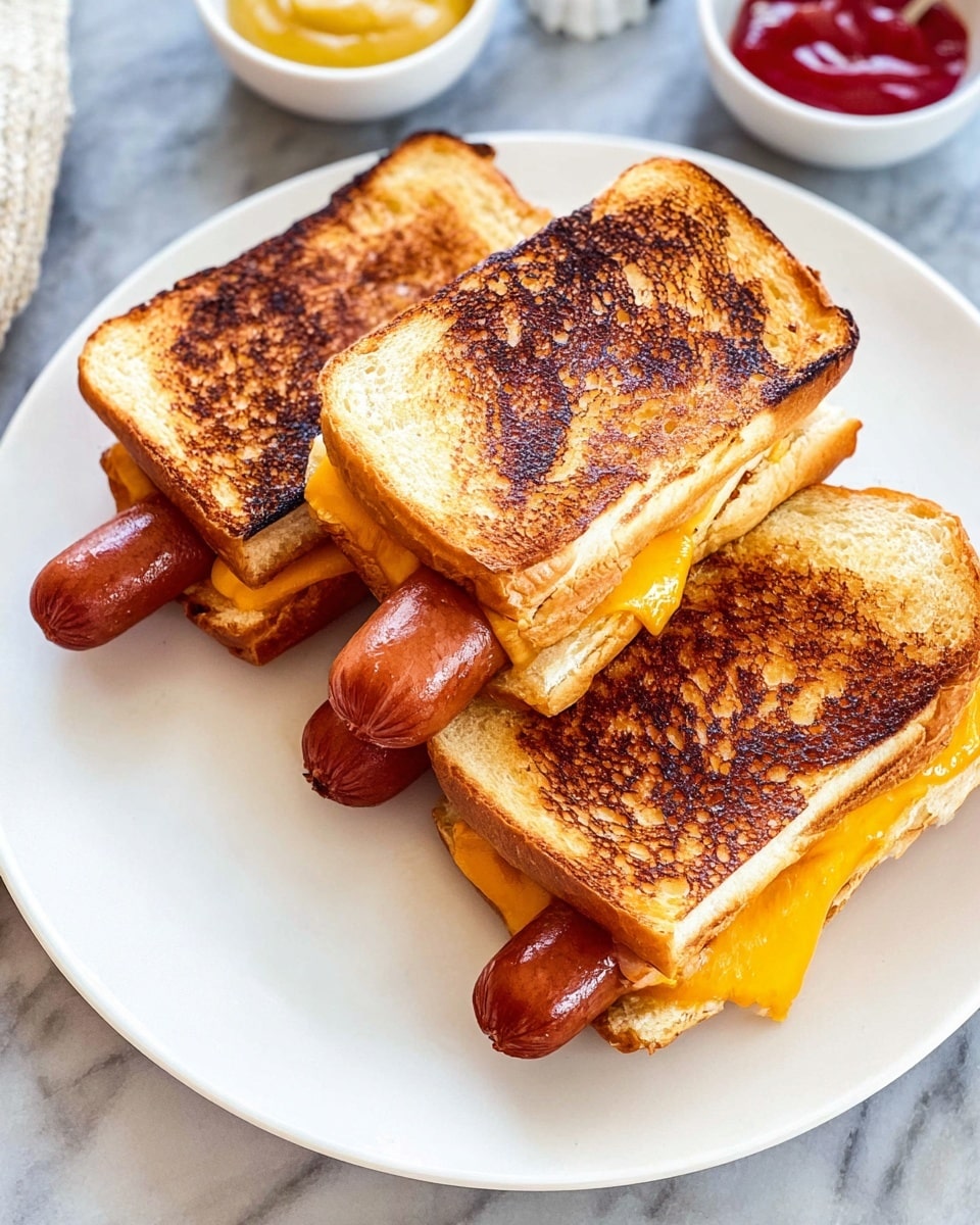 Two grilled hot dogs on a white plate with lightly toasted bread folded over each sausage. The bread is golden brown with dark grill marks and crispy edges. Inside the bread on one of the hot dogs, a layer of melted orange cheddar cheese can be seen. The ends of the sausages stick out from both sides of the bread. The plate is set on a white marbled surface with small bowls of ketchup and mustard nearby. photo taken with an iphone --ar 4:5 --v 7