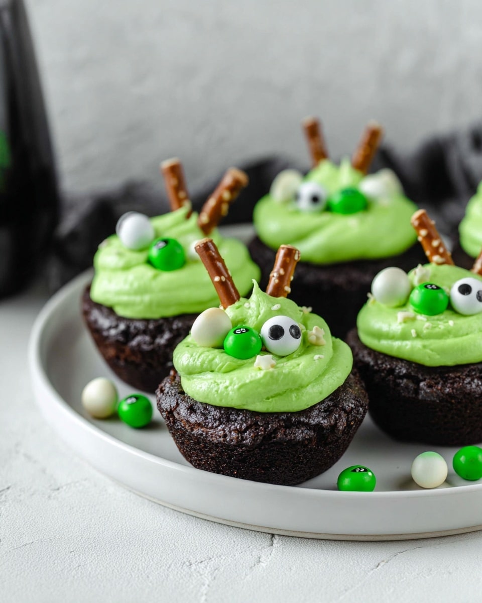 Five dark chocolate cupcake bases form the bottom layer, each with a rough and slightly crumbly texture. On top of each base sits a thick swirl of bright green frosting, smooth and creamy with a slightly glossy finish. Embedded in the green frosting are small edible decorations: round green candy balls, white candy skulls, and small white and black eyeball candies, creating a playful, spooky look. A single small pretzel stick stands upright into the center of the frosting on each cupcake, adding a crunchy texture and a light tan color contrast. The cupcakes rest on a white plate with a smooth, matte finish, all set against a white marbled textured surface. Photo taken with an iphone --ar 4:5 --v 7