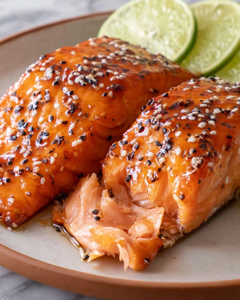 A close-up view of two pieces of cooked salmon with a shiny, sticky glaze, placed on a white plate with a smooth rim; the salmon is a rich orange color with black pepper and sesame seeds sprinkled on top, showing a moist and flaky texture with one piece partially cut to reveal the soft inside, accompanied by slices of lime in the background, all set against a white marbled texture. photo taken with an iphone --ar 4:5 --v 7