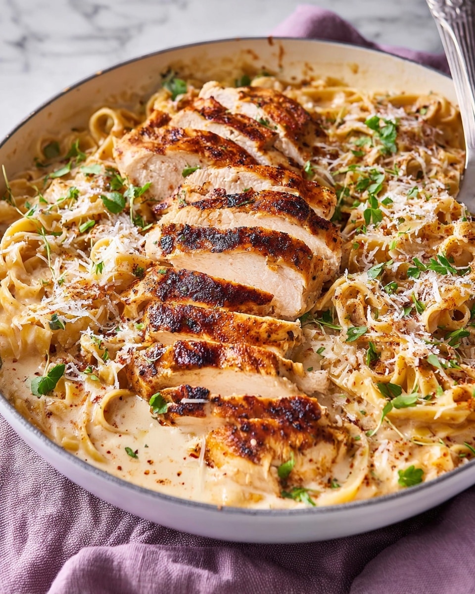 The image shows a white pan filled with creamy fettuccine pasta at the bottom, coated in a light beige sauce. On top of the pasta, there are several slices of grilled chicken breast, cooked to a golden brown with visible grill marks and a slightly charred texture. The chicken is arranged in a few thick layers, sliced diagonally and overlapped across the pasta. The dish is sprinkled with finely grated cheese and fresh green herbs, adding a contrast of white and green colors on the warm tones of the chicken and pasta. The pan sits on a light purple cloth over a white marbled surface, with a spoon partially visible next to the food. Photo taken with an iphone --ar 4:5 --v 7