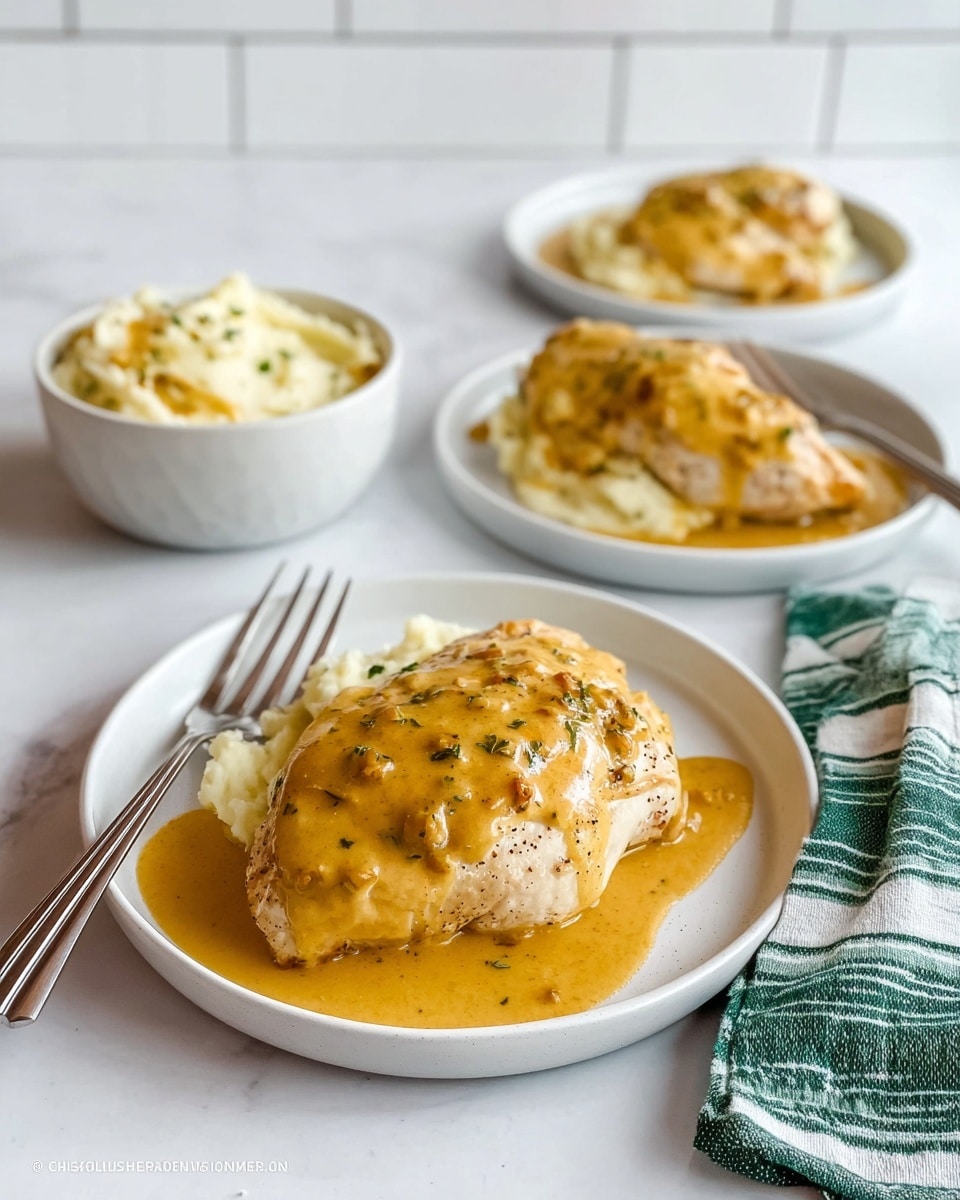 A white plate sits on a wooden tray holding five thick pieces of cooked chicken breast sliced and arranged in a fan shape. The chicken is light beige with bits of green herbs visible throughout and is covered with a glossy, yellowish sauce peppered with finely chopped green herbs. The sauce pools gently around the chicken, giving a moist and juicy look to the dish. Around the plate, there is a white marbled texture surface and a cloth napkin with green and white stripes is visible to the right. photo taken with an iphone --ar 4:5 --v 7