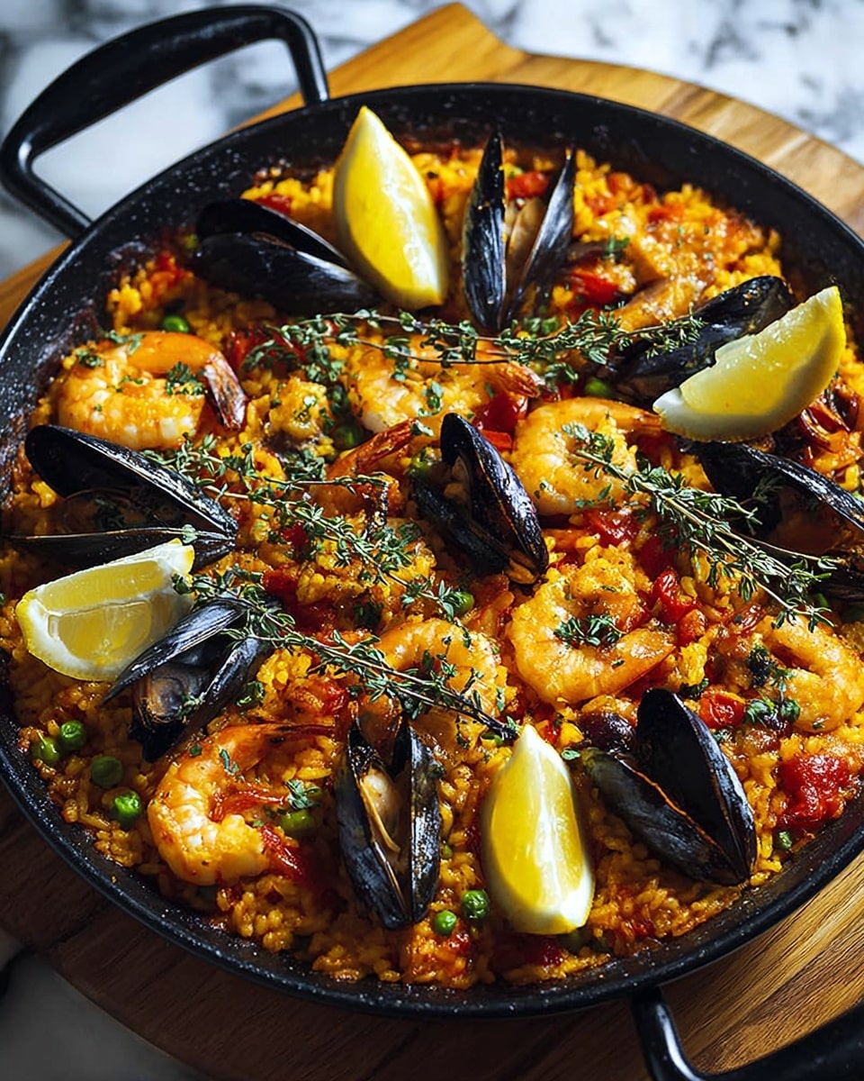 A large black pan filled with a vibrant seafood paella is shown. The base layer is orange-yellow rice, evenly spread across the pan, with a slightly crispy texture on the edges. Scattered throughout the rice are plump shrimp, pinkish-orange with light grill marks, and dark black mussels, some open showing their soft insides. Bright yellow lemon wedges are placed on top and nestled among the rice, with fresh green thyme sprigs spread over everything. There are also bits of red tomato and green peas adding color contrast. The pan sits on a wooden surface with a white marbled texture background visible nearby. photo taken with an iphone --ar 4:5 --v 7