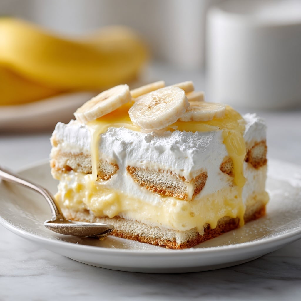 A close-up view of a spoonful of creamy layered banana pudding is shown in front of a blurred white plate with more pudding and banana slices. The spoon holds a piece of soft light brown cake layered with thick pale yellow custard and white whipped cream. Each layer blends smoothly, with the creamy custard slightly dripping, showing a soft texture. In the blurred background, slices of bright yellow banana sit on the pudding's surface, giving a fresh look. The whole scene is set on a white marbled surface with soft natural light accentuating the creamy layers and soft textures. photo taken with an iphone --ar 4:5 --v 7