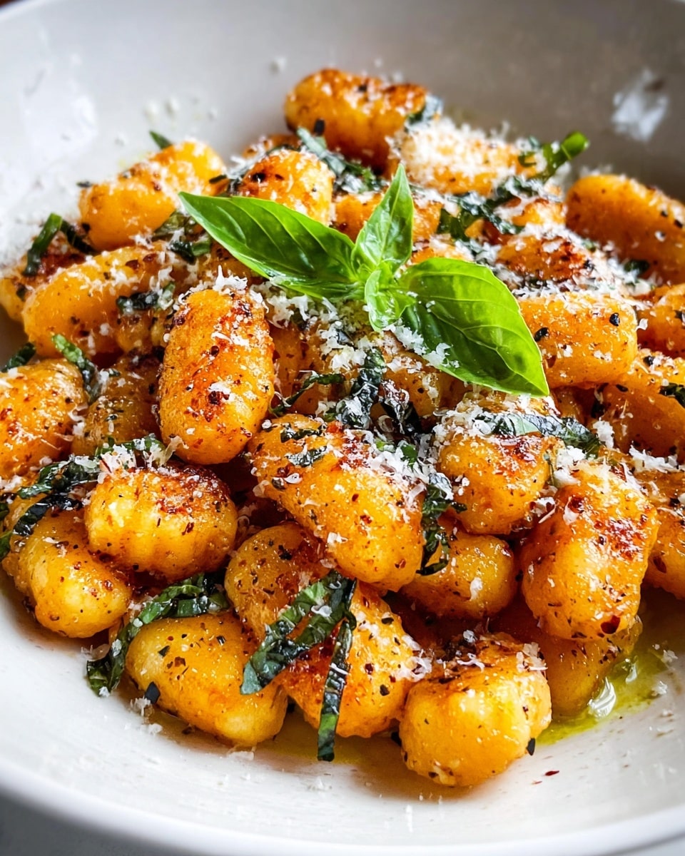 A white bowl filled with one layer of golden-brown gnocchi that looks crispy on the outside with a slightly soft texture inside. The gnocchi are coated evenly with a glistening layer of olive oil, adding shine to the dish. Scattered over the gnocchi are small shreds of dark green fresh basil leaves, with one whole basil leaf placed on top near the center, and a generous sprinkle of grated white parmesan cheese rains down across the dish, adding a textured, powdery look. The edges of the bowl have some oil drops and cheese bits, all set on a white marbled surface. photo taken with an iphone --ar 4:5 --v 7