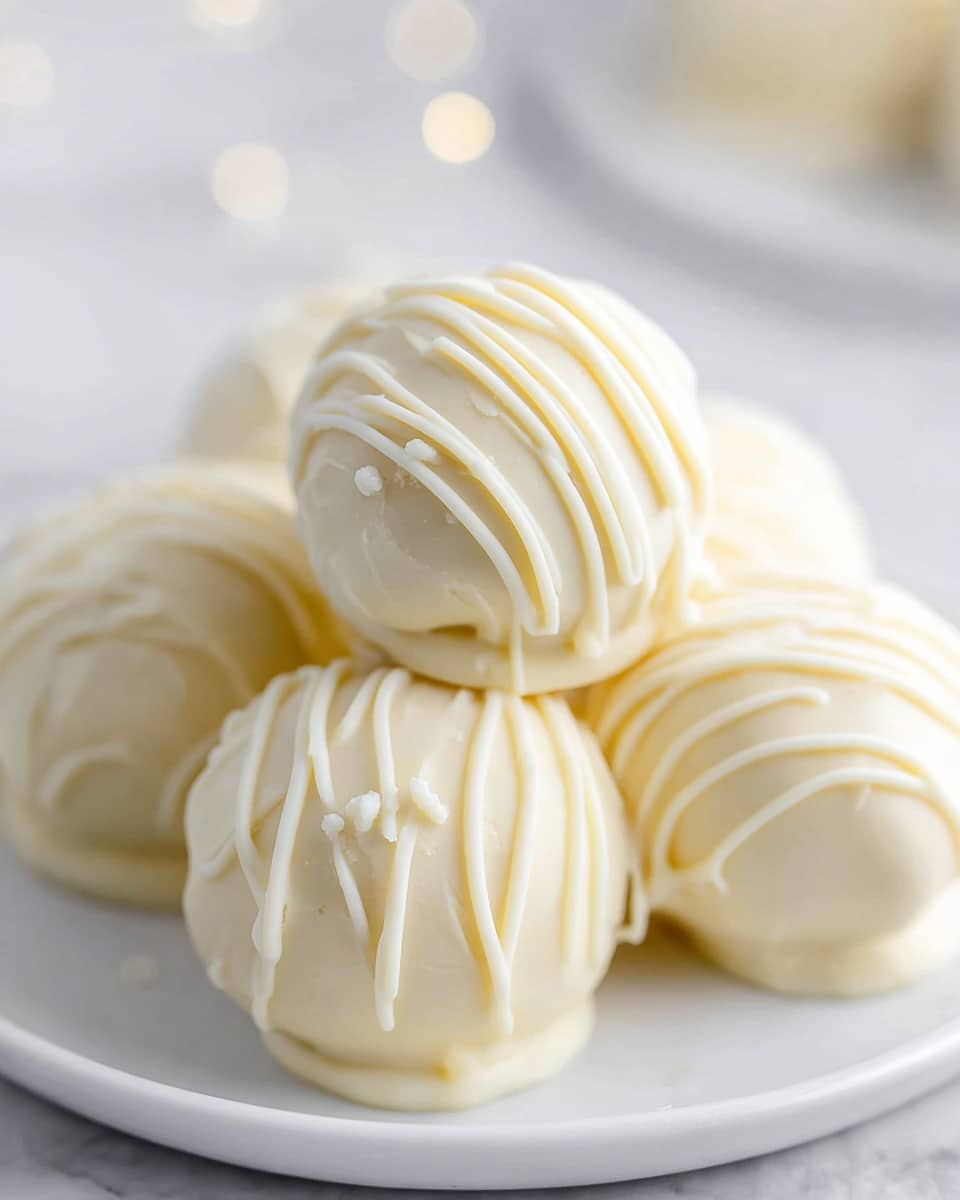 A close-up view of several round white chocolate truffles placed on a white plate, each truffle smooth and coated in creamy white chocolate with a slightly glossy texture. On top of each truffle, there is a decorative drizzle of white chocolate that creates thin, wavy lines in a lighter shade, adding texture and detail. The truffles are stacked slightly, with one truffle sitting on top of two others, showing their soft, rich layers under the shiny coating. The background is a soft white marbled surface with blurred light spots, giving a clean and bright look. Photo taken with an iphone --ar 4:5 --v 7