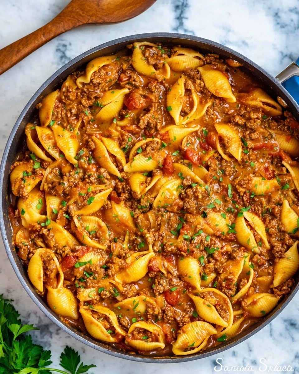 The image shows a deep pan filled with large yellow pasta shells mixed with a thick brown and red meat sauce. The pasta is evenly coated with the sauce that has bits of ground meat and small pieces of tomato throughout. There are small green herb pieces sprinkled on top, adding a touch of color. The pan rests on a white marbled surface with a wooden pasta spoon partially visible in the top left corner and a few green parsley leaves scattered around. photo taken with an iphone --ar 4:5 --v 7