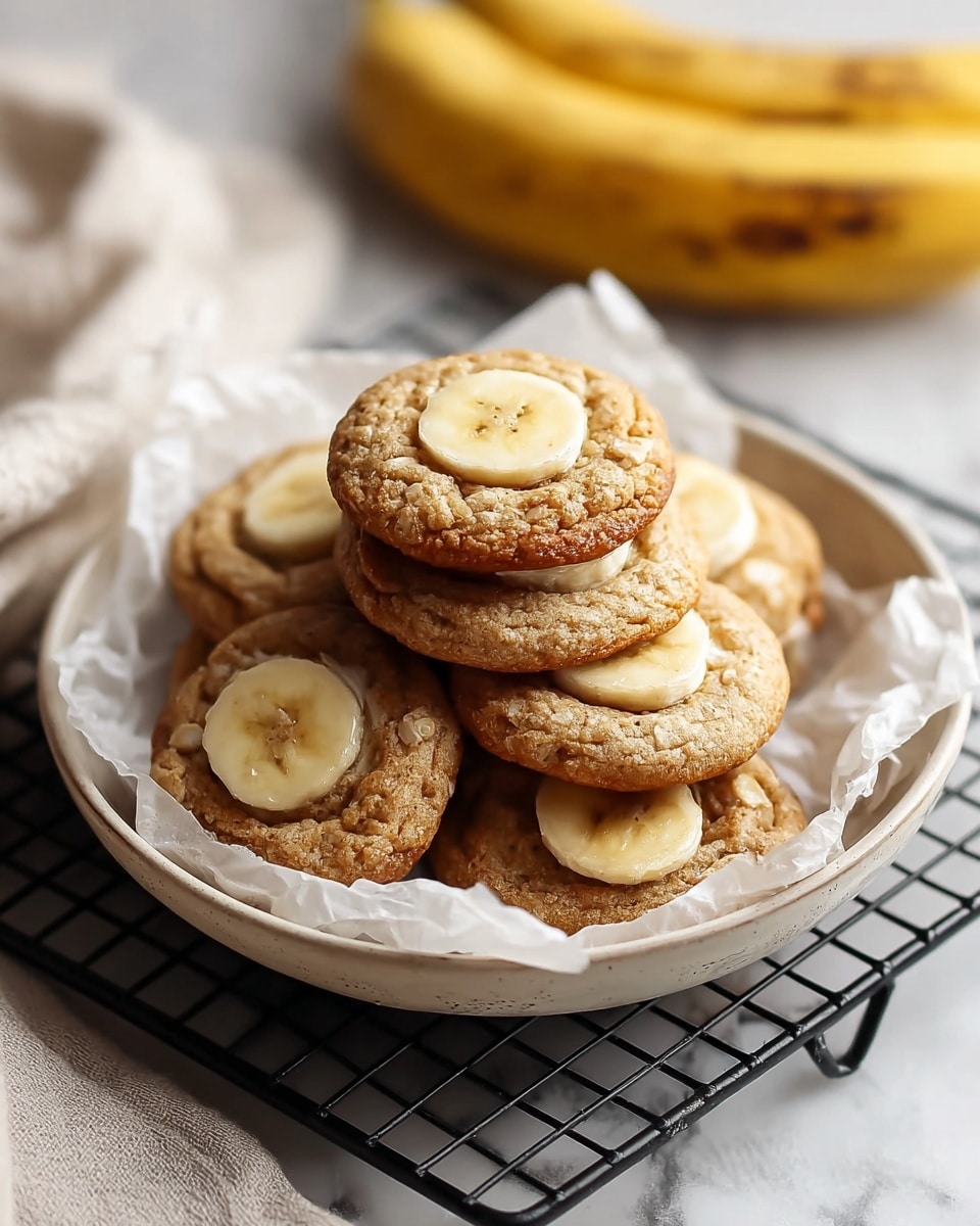 A pile of six light brown banana cookies with a soft, slightly cracked texture is stacked inside a round white plate lined with crinkled wax paper. Each cookie is topped with a thick, round slice of banana in the center, showing smooth pale yellow and light cream colors. The plate sits on a black wire cooling rack with a white cloth partially under it, all placed on a white marbled surface. In the background, a whole ripe banana with light yellow skin and brown spots is slightly out of focus. Photo taken with an iphone --ar 4:5 --v 7