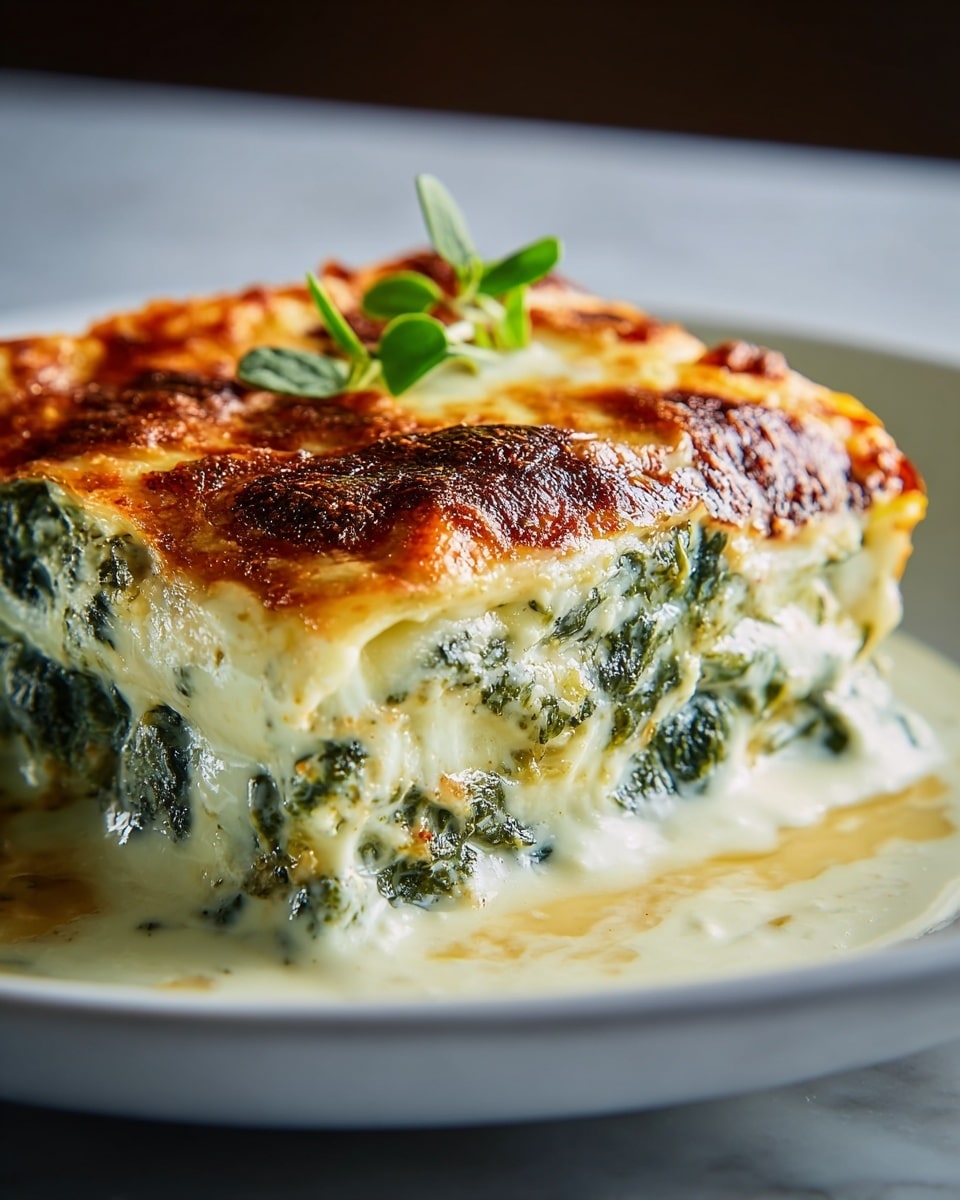 A close-up view of a rectangular slice of spinach lasagna resting on a white plate with a shallow layer of creamy sauce pooling around the edges. The lasagna has three distinct layers: a browned, bubbly golden cheese top layer with slightly crispy edges, a thick middle layer of creamy white cheese mixed with vibrant green spinach leaves, and a bottom layer also filled with melted cheese and spinach showing smooth texture. A small green herb garnish sits on top, adding a fresh touch. The white plate is placed on a white marbled surface with soft lighting highlighting the rich textures and creamy melt. Photo taken with an iphone --ar 4:5 --v 7