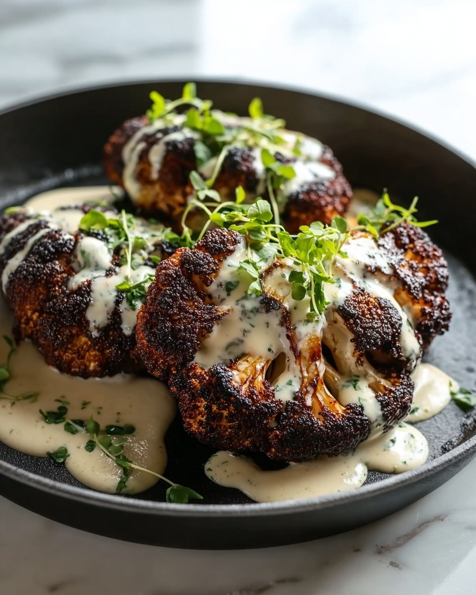 A black pan holds three pieces of roasted cauliflower with a dark brown, almost charred surface. Each piece is thick and has a rough texture. A light cream sauce with green herb pieces is drizzled over the cauliflower, pooling slightly at the base. Small green herb sprigs are scattered on top and around the dish, adding a fresh look. The pan sits on a white marbled surface, and soft natural light shines from the top left corner. photo taken with an iphone --ar 4:5 --v 7