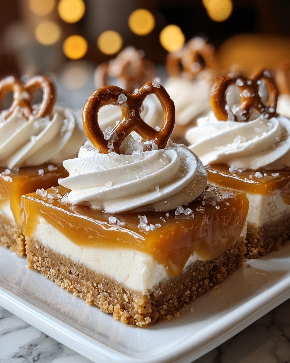 The image shows a close-up of individual dessert bars arranged on a white rectangular plate. Each bar has four visible layers: the bottom layer is a thick, crumbly golden-brown crust, above it is a smooth, creamy white layer, then a glossy caramel layer that drips slightly down the sides, and the top layer has a swirl of fluffy white whipped cream. Each swirl is topped with a small, shiny brown pretzel sprinkled with coarse sea salt. The background has soft, warm lighting with blurred shapes, and the dessert sits on a surface with a white marbled texture. photo taken with an iphone --ar 4:5 --v 7