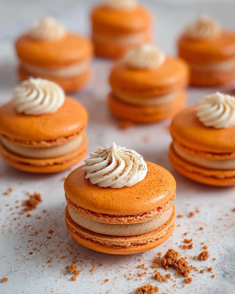 The image shows several orange macarons placed on a white marbled surface. Each macaron has two smooth, shiny orange shells with a slightly rough edge, sandwiching a light brown creamy filling. On top of some macarons, there is a small swirl of white cream with a light dusting of brown spice powder. The front macarons are in sharp focus, while the ones in the back are blurred, giving depth to the image. There are also small brown crumbs scattered around the macarons on the surface. photo taken with an iphone --ar 4:5 --v 7