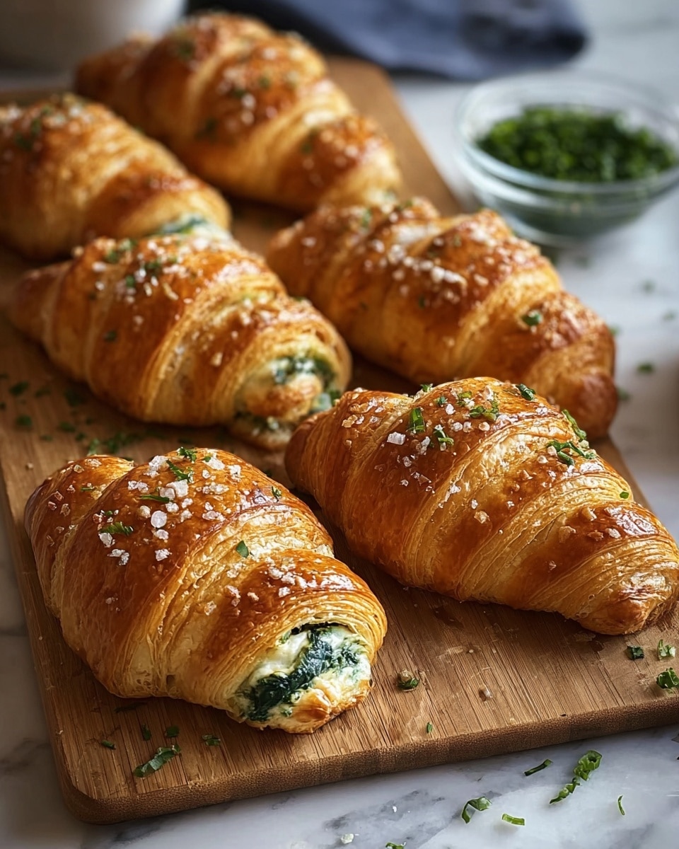 The image shows six golden brown croissant-shaped pastries arranged neatly on a wooden board, each with a shiny, flaky crust sprinkled with coarse salt and small green herb pieces. The pastries have visible layers of crispy puff pastry wrapped around a creamy white and green spinach filling that peeks out from the ends. In the background, there is a small clear bowl filled with chopped green herbs. The whole scene sits on a white marbled textured surface. photo taken with an iphone --ar 4:5 --v 7