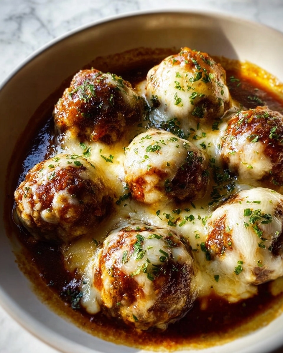 The image shows seven round meatballs covered with melted cheese and sprinkled with green herbs on top. Each meatball has a golden-brown crust with a slightly crispy texture, and the cheese is creamy white with some brown spots where it melted and baked. The meatballs sit in a pool of rich brown sauce that looks thick and glossy, filling the dish around the base of the meatballs. The meatballs and sauce are served in a white bowl with a smooth, shiny finish, set on a white marbled surface with soft natural lighting highlighting the textures and colors. photo taken with an iphone --ar 4:5 --v 7