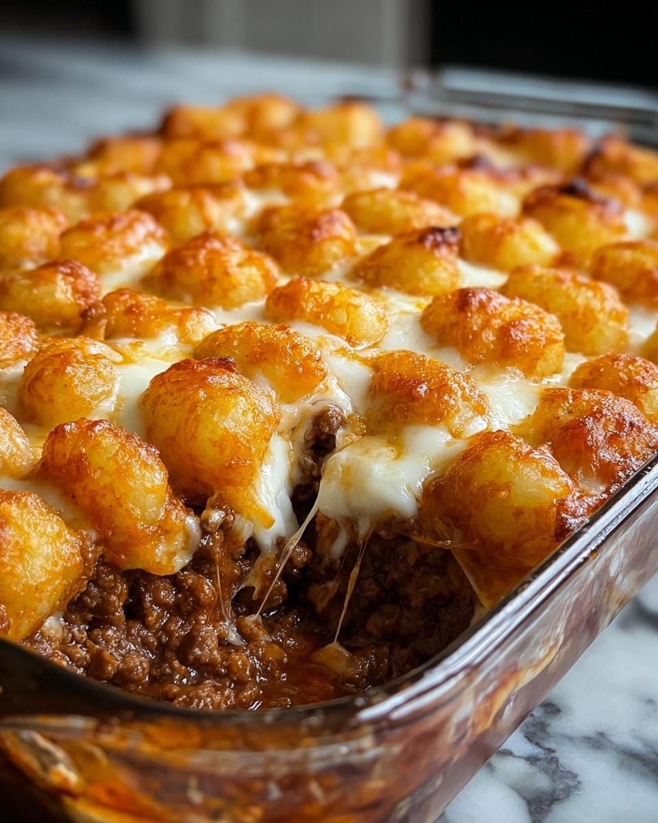 A close-up view of a baked casserole in a clear glass dish, showing three distinct layers: the bottom layer is a rich, dark brown meaty sauce with visible chunks of ground meat; the middle layer consists of melted white and orange cheese, soft and stringy, oozing down slightly over the edges; the top layer is a golden-brown topping of small, round potato bites, crispy and evenly baked, with a slightly shiny texture from the melted cheese surrounding them, set on a white marbled surface. photo taken with an iphone --ar 4:5 --v 7