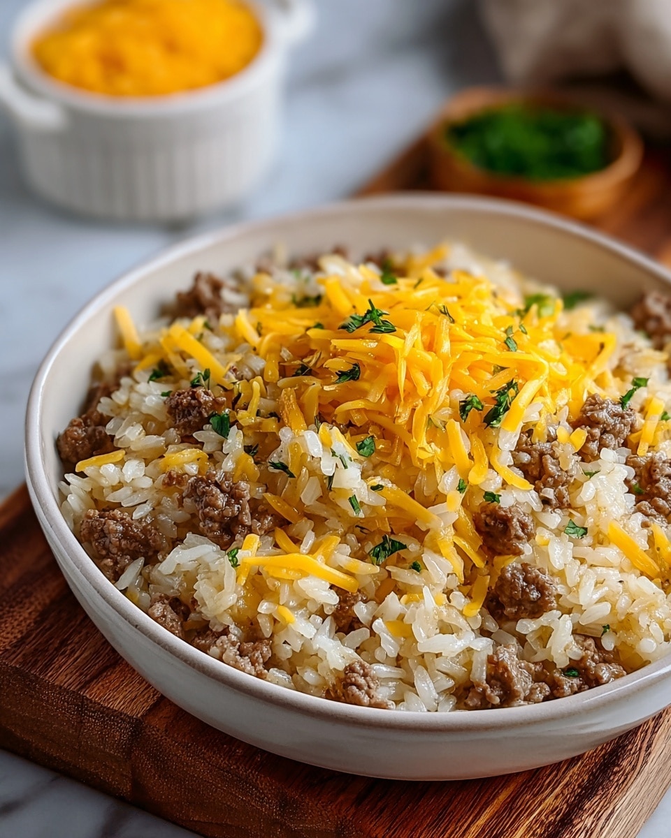A close-up view of a white bowl filled with a mix of cooked white rice and browned ground beef, topped with a sprinkle of shredded yellow cheddar cheese and small pieces of chopped green herbs scattered over the dish. The rice and beef mix has a soft, slightly creamy texture with bits of onion visible. The bowl is placed on a wooden cutting board with a white marbled surface underneath, and there is a white ramekin with more shredded cheese and some green garnish blurred in the background. photo taken with an iphone --ar 4:5 --v 7