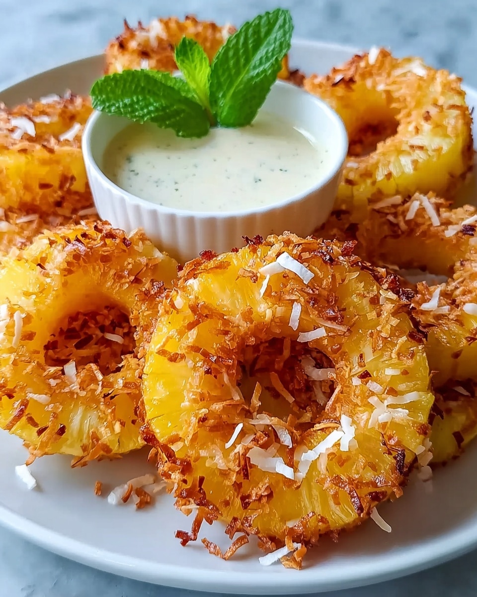 The image shows a white plate holding several golden pineapple rings that are coated with toasted coconut flakes, giving them a crunchy texture with bits of white and brown coconut shreds on the surface. The pineapple rings are layered closely together in the center of the plate, with their bright yellow flesh visible through the crispy outer layer. Behind the rings is a small white bowl filled with a light creamy dipping sauce, topped with a fresh green mint leaf for garnish. The dish is placed on a white marbled surface. photo taken with an iphone --ar 4:5 --v 7