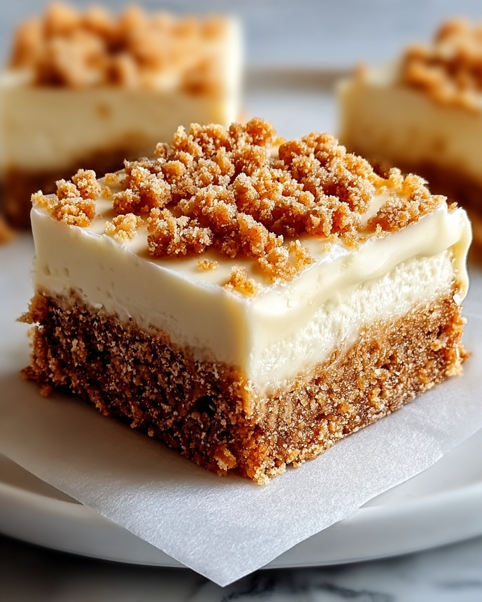The image shows a close-up of a square dessert with two layers. The bottom layer is a coarse, crumbly texture in a warm brown color, looking like a crunchy crust. Above it is a thick, smooth cream layer in a pale, creamy color. On top of the cream layer, there are small brown crumb pieces scattered, adding texture and contrast. The dessert piece is placed on a white parchment paper, resting on a white plate with a clean, simple edge, and the surface beneath is a white marbled texture. Photo taken with an iphone --ar 4:5 --v 7
