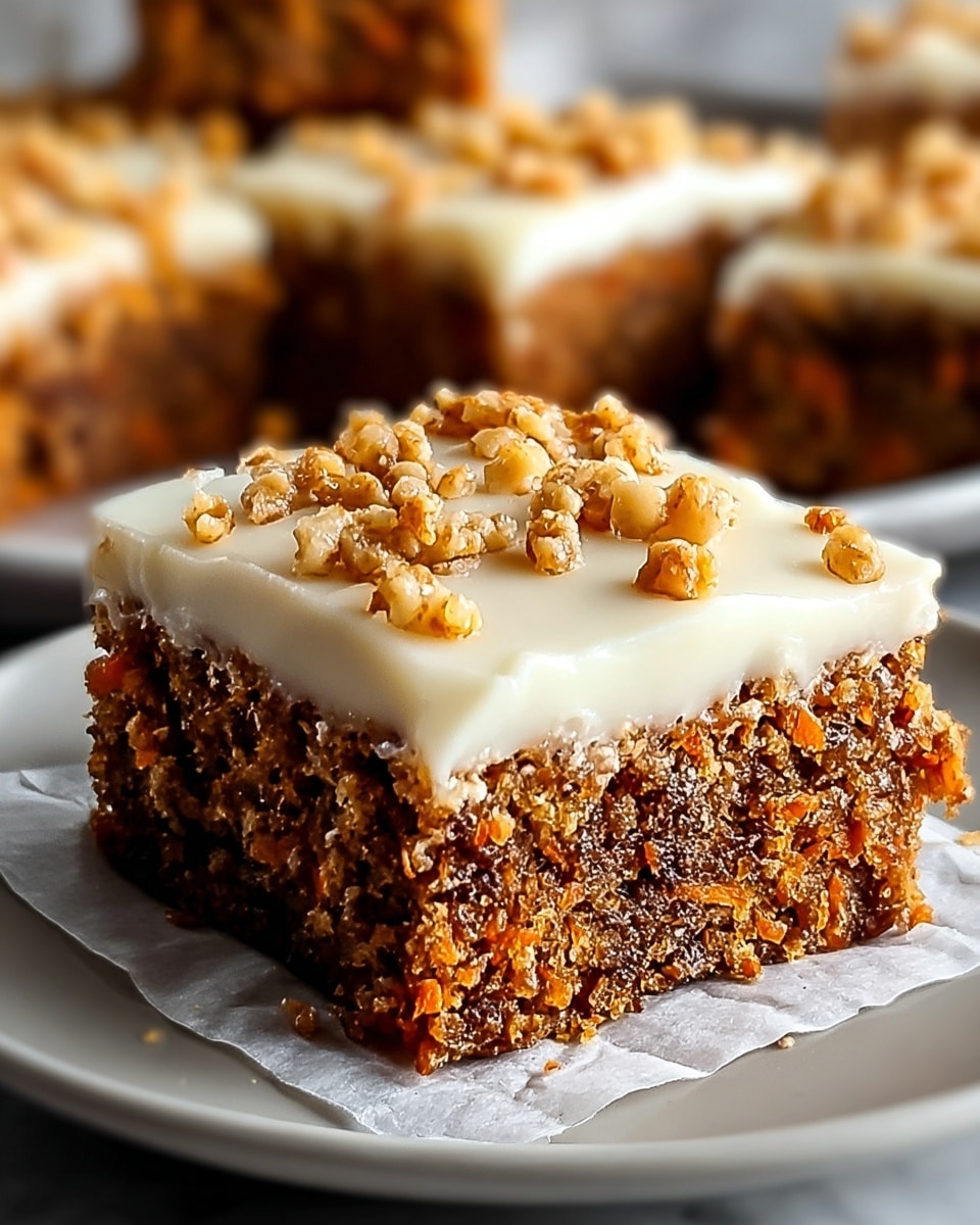 A square piece of carrot cake with two distinct layers sits on a piece of white parchment paper on a white plate. The bottom layer is dense and moist with a dark brown and orange crumbly texture, showing bits of carrot and nuts. The top layer is a thick, smooth, glossy white cream cheese frosting that covers the entire cake surface evenly. Small, crunchy, golden-brown nut pieces are scattered on top of the frosting, adding texture and color contrast. In the background, blurred similar carrot cake pieces are visible, all on a white marbled surface. Photo taken with an iphone --ar 4:5 --v 7