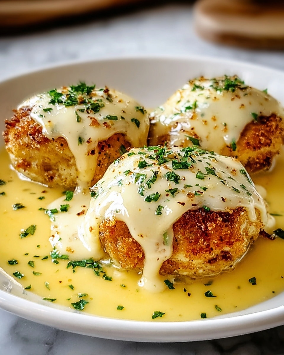 The dish shows three round, golden brown baked patties on a white plate, each topped with a layer of creamy, white cheese sauce that softly drips over the edges. The patties have a crispy, textured brown crust with tiny green herb pieces sprinkled on top. They sit in a pool of rich, smooth yellow sauce that covers the plate's base, with small chopped herbs scattered around, adding a fresh green contrast to the warm colors. The background and surface under the plate feature a white marbled texture. photo taken with an iphone --ar 4:5 --v 7