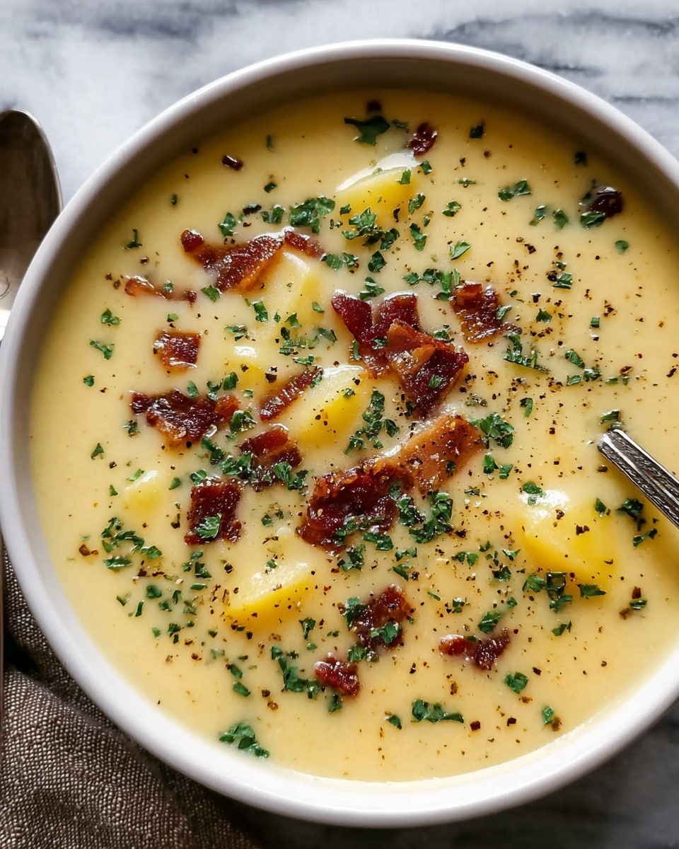 A white bowl filled with creamy light yellow potato soup, showing small chunks of soft yellow potatoes and bits of dark brown crispy bacon scattered on top, garnished with finely chopped green herbs and a light sprinkle of black pepper, all resting on a white marbled surface. photo taken with an iphone --ar 4:5 --v 7