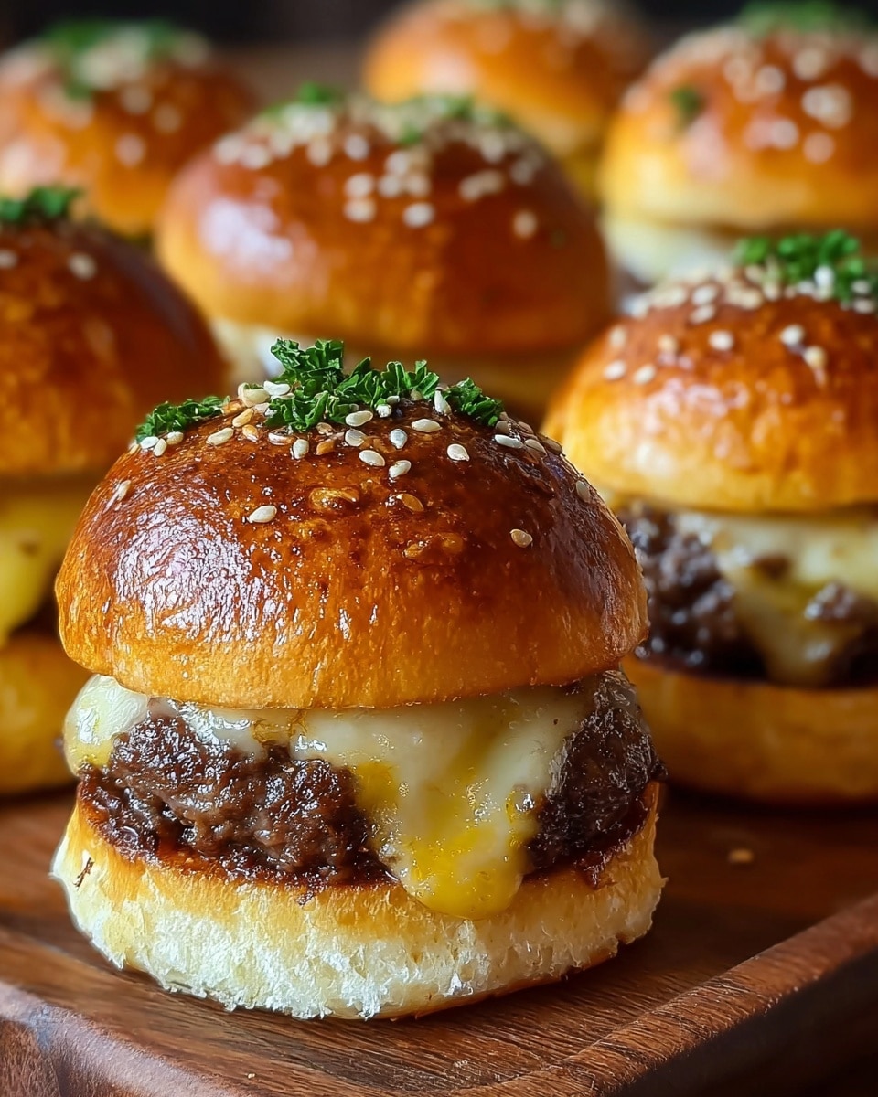 A close-up view of several small burgers on a wooden board, each featuring three layers: a shiny golden brown top bun sprinkled with sesame seeds and garnished with small green parsley, a middle layer of juicy, textured dark brown beef patty topped with melted creamy yellow cheese that oozes slightly over the patty edges, and a soft light tan bottom bun. The buns have a slightly crispy texture, and the cheese shows a smooth, gooey melt with a rich glossy finish. The image has a warm tone and a shallow depth of field focusing on the front burger with blurred burgers in the background. photo taken with an iphone --ar 4:5 --v 7