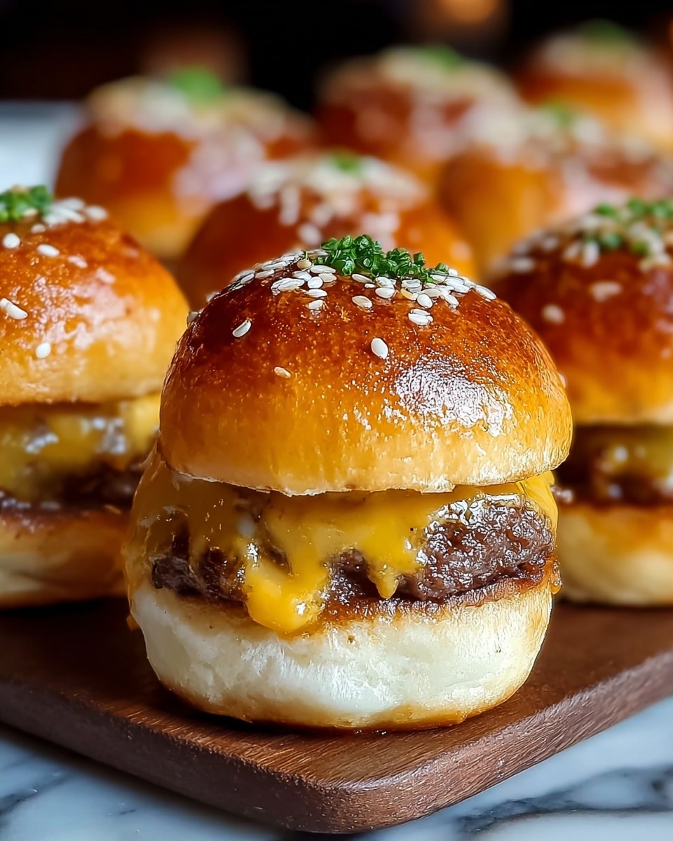 A close-up view of a small burger featuring three layers: the bottom layer is a light, fluffy white bun, the middle layer is a thick, dark brown beef patty covered with melted golden-yellow cheese that drips over the side, and the top layer is a shiny golden-brown bun topped with white sesame seeds and finely chopped green herbs. Several similar burgers are blurred in the background, all placed on a wooden board with a white marbled surface underneath. photo taken with an iphone --ar 4:5 --v 7